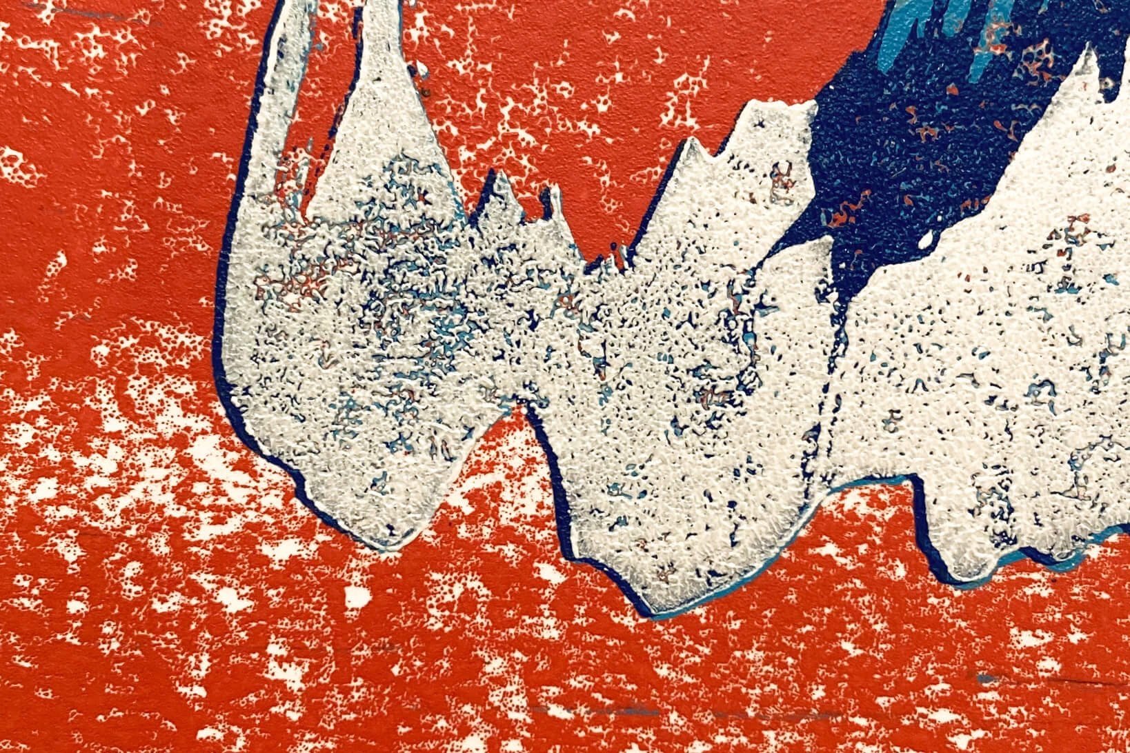 Close up of the white wave splash against the tangerine sky: Rush Tidal Wave Print in 5 blues and blended tangerine orange and lemon yellow