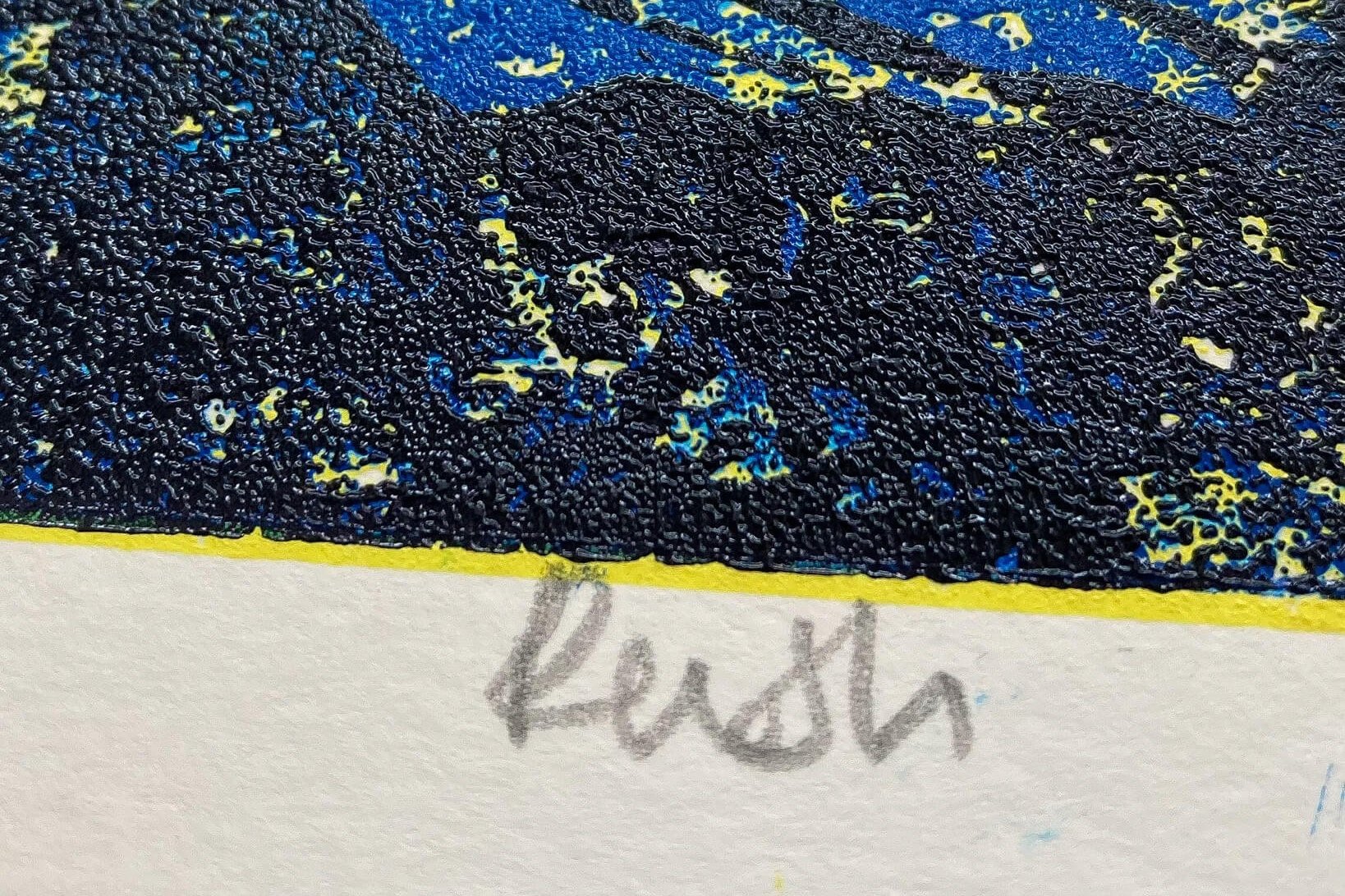 Close up of the nam 'Rush' handwritten on Rush Tidal Wave Print in 5 blues and blended tangerine orange and lemon yellow