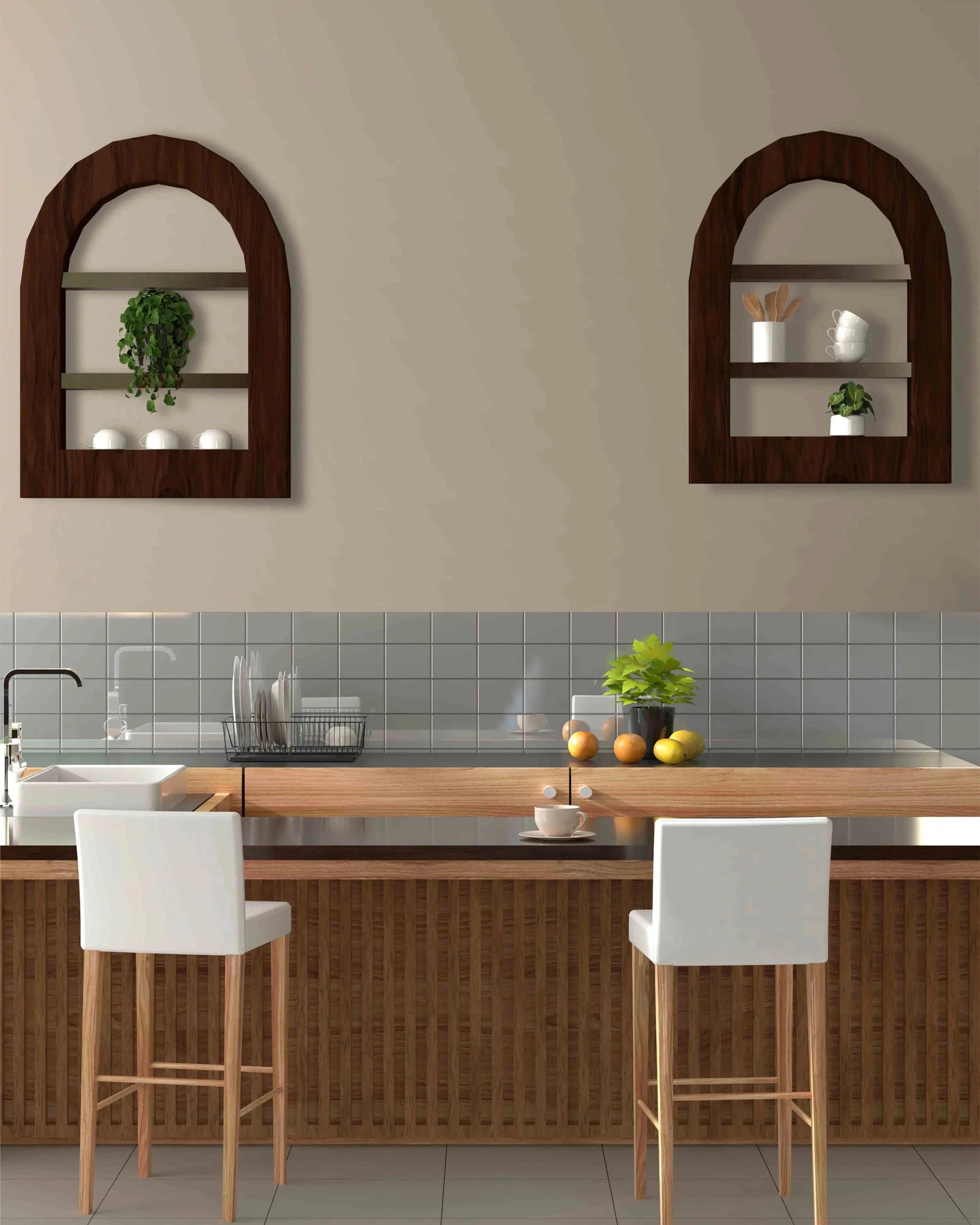 Stone coloured kitchen with blank wall between two arched shelving nooks