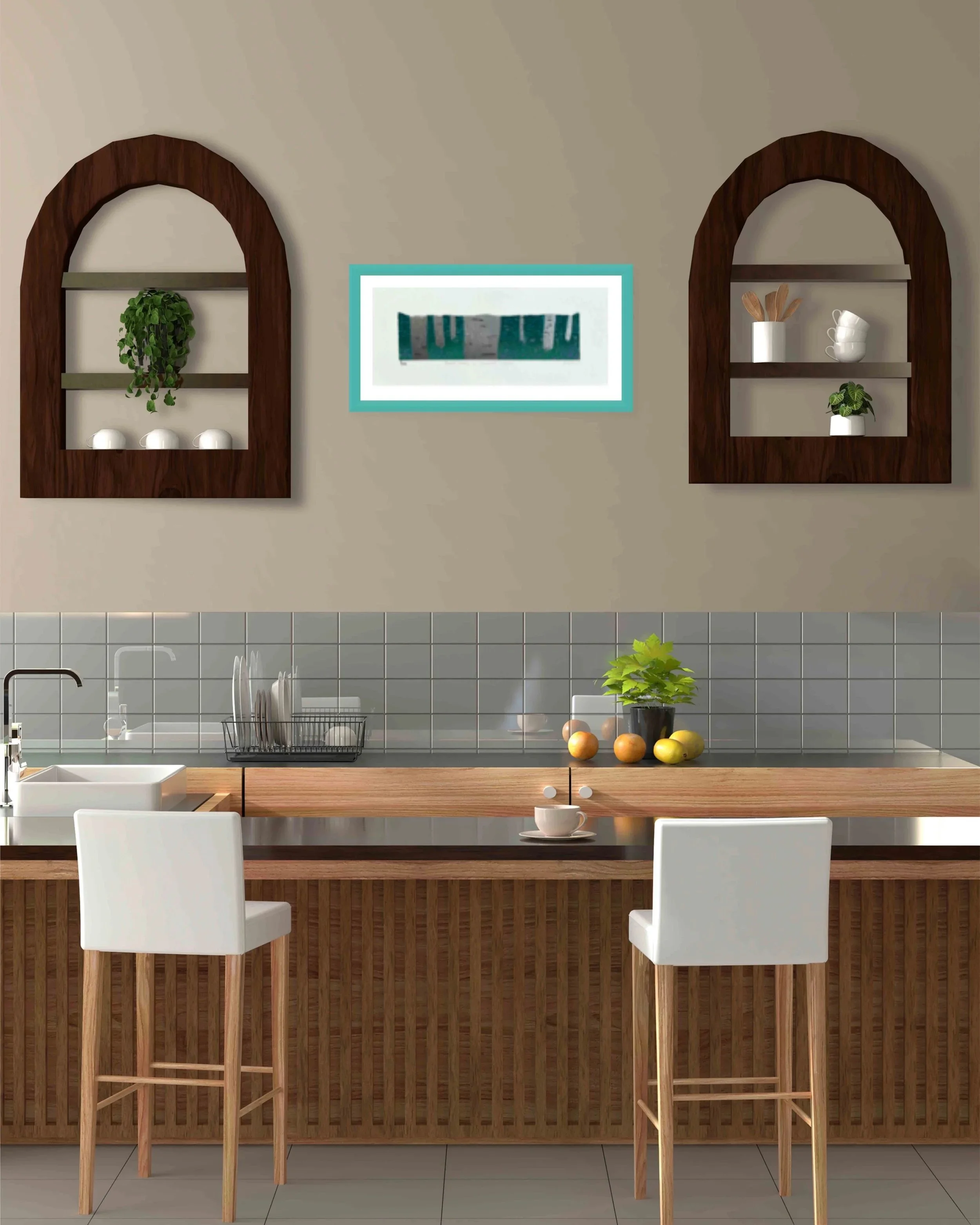 Stone coloured kitchen with original bluebell forest linocut art between two arched shelving nooks