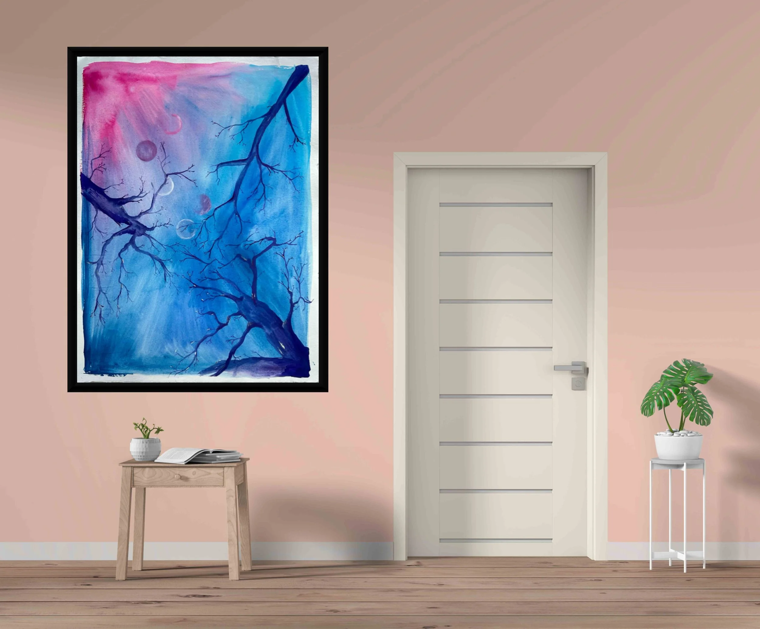 Looking Up At Trees Mixed Media Artwork Above a Small Table in a Salmon Pink Room.jpg