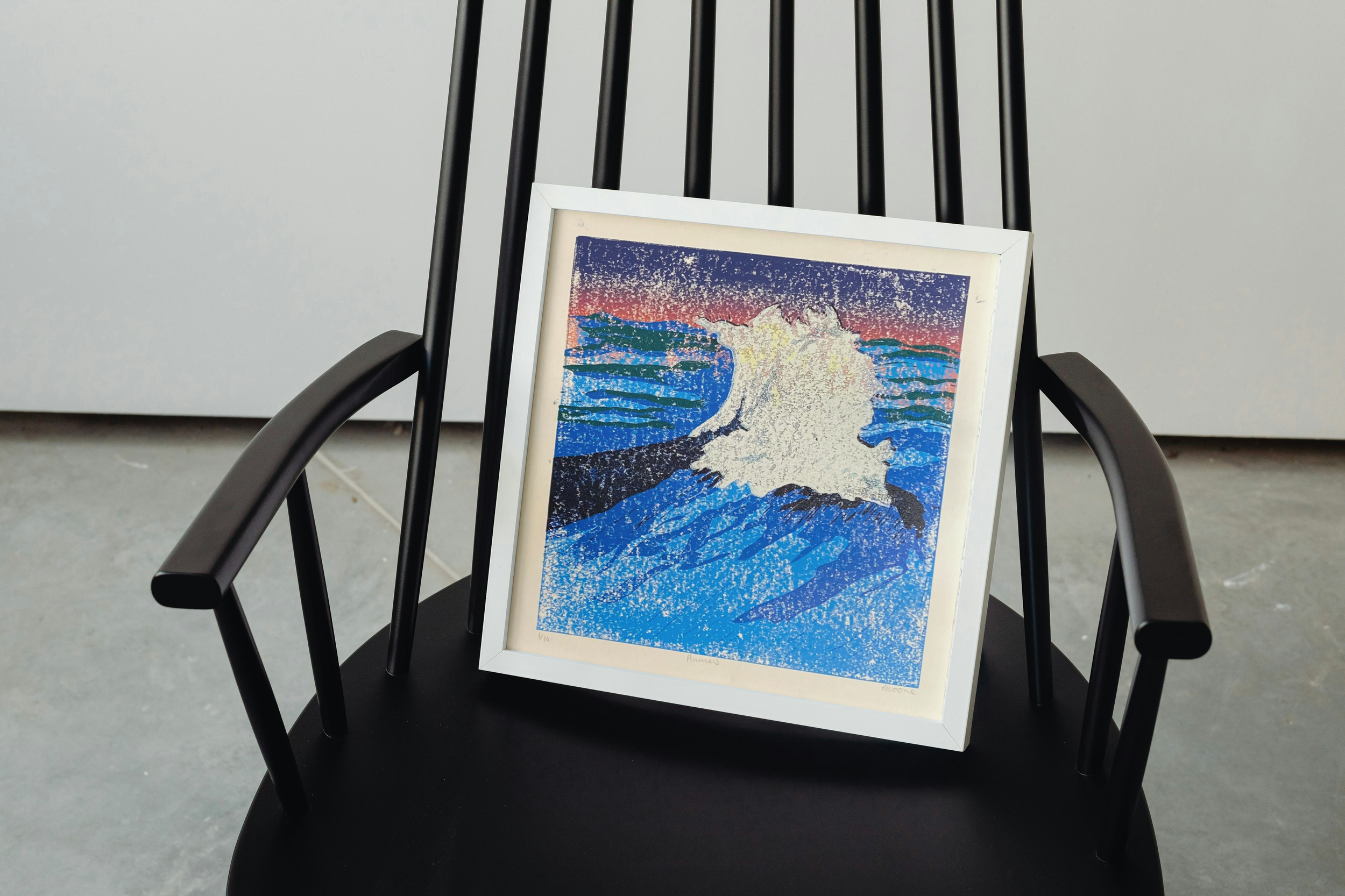 Hand Printed 'Plumes' Linocut of Crashing Waves Against a Deep Sunset During Storm Babet