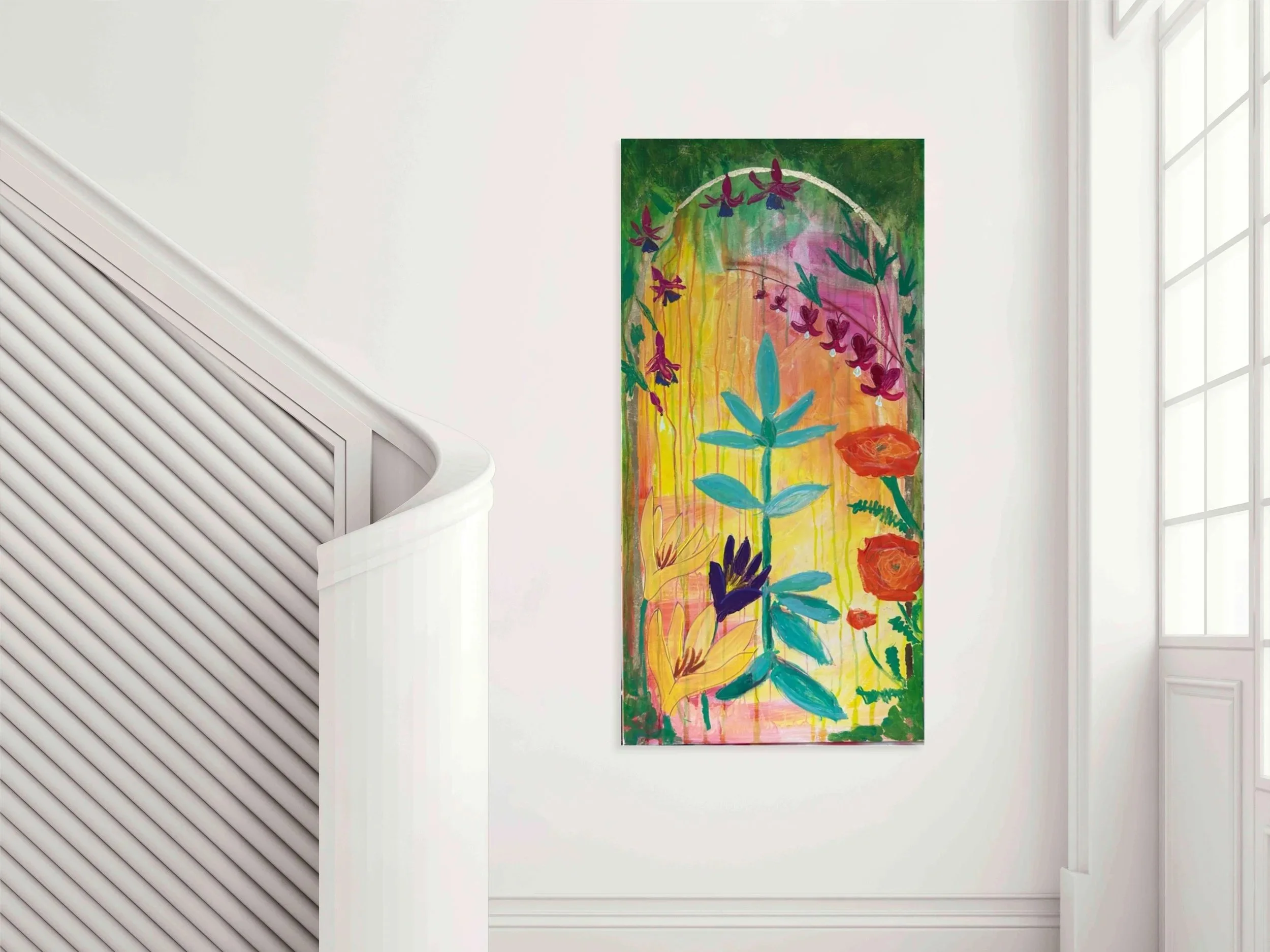 Floral Garden Landscape Mixed Media Canvas Artwork - The Secret Archway | vivid colours in acrylic, gold leaf, pastel, oil pastel, pen on canvas