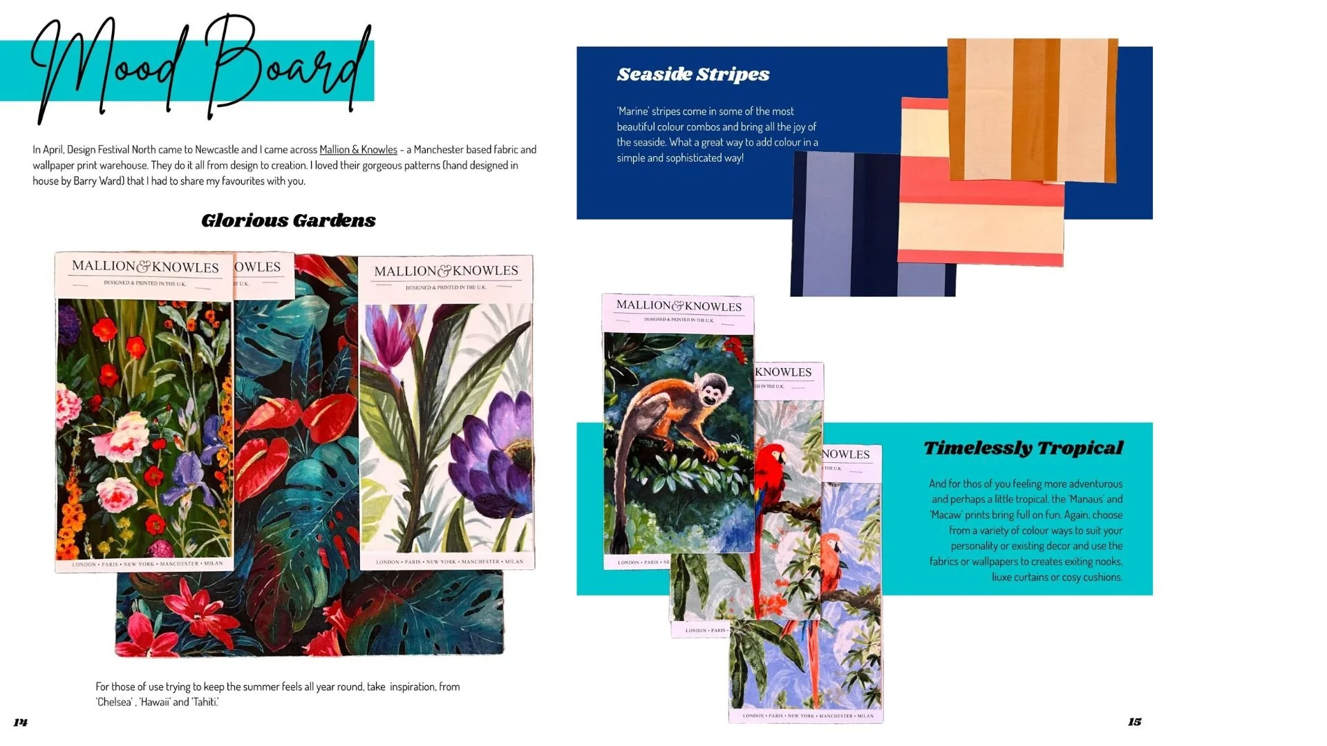 Curated Nest Ed2 Mallion & Knowles 2 page spread showing maximalist patterned fabrics