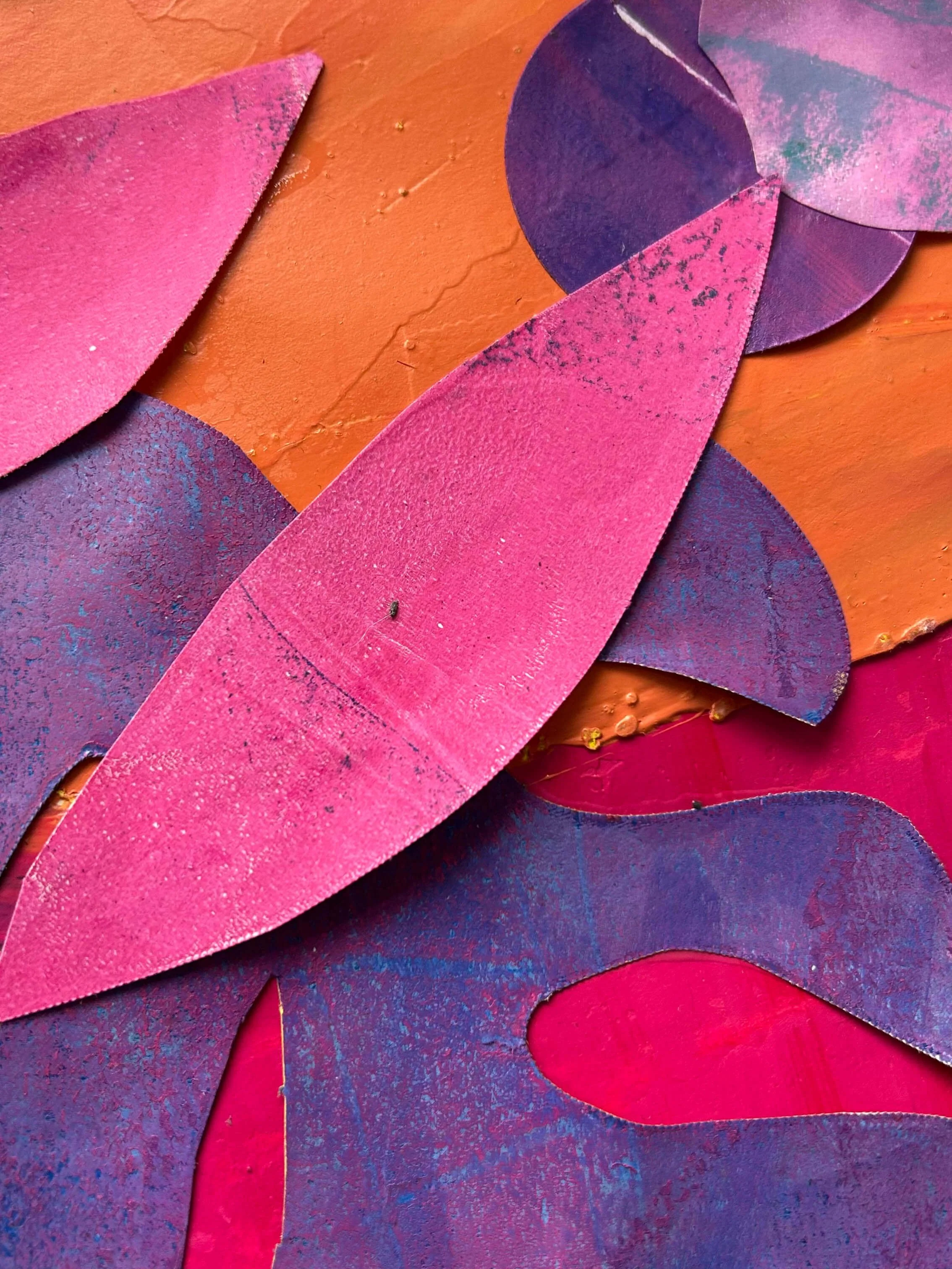 Autumn Flow Collage texture detail Artwork celebrating the imagined colours of autumn in a fantasy world - one of a kind collage of hand printed papers in oranges, purples and blues