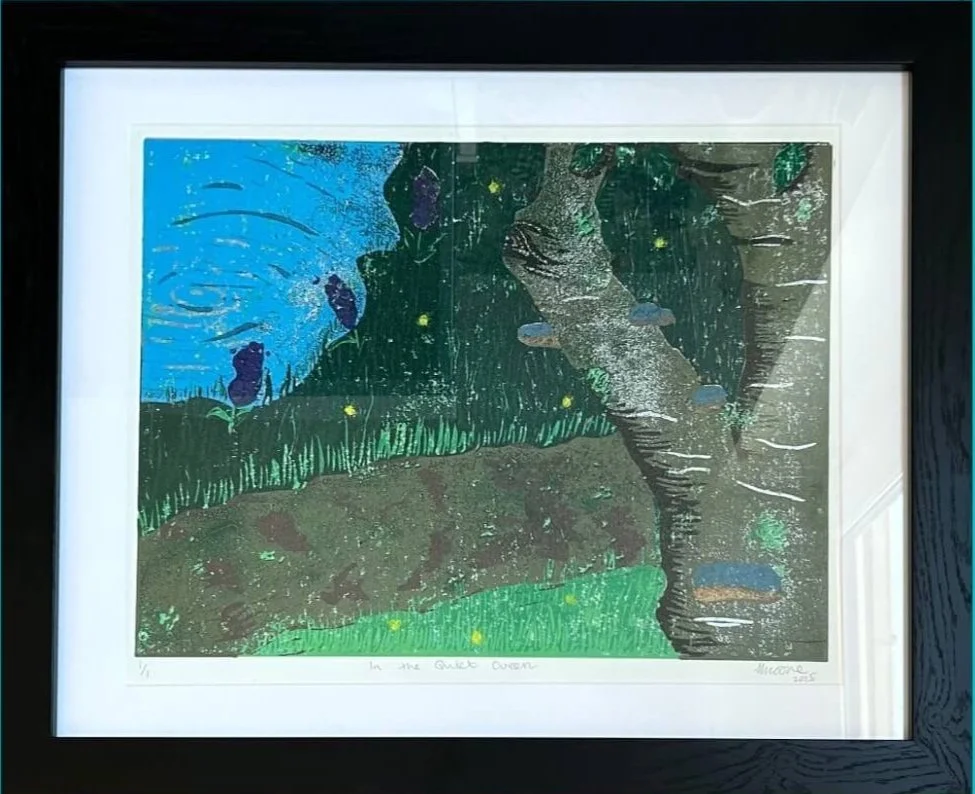 One of a kind linocut of tree beside a reservoir with water orchids and natural path