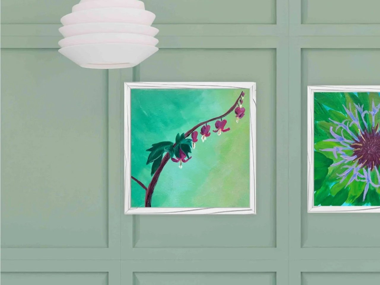 Bleeding Hearts | Dicentra Painting on board in pinks and reds with gold leaf accents on turquoise background