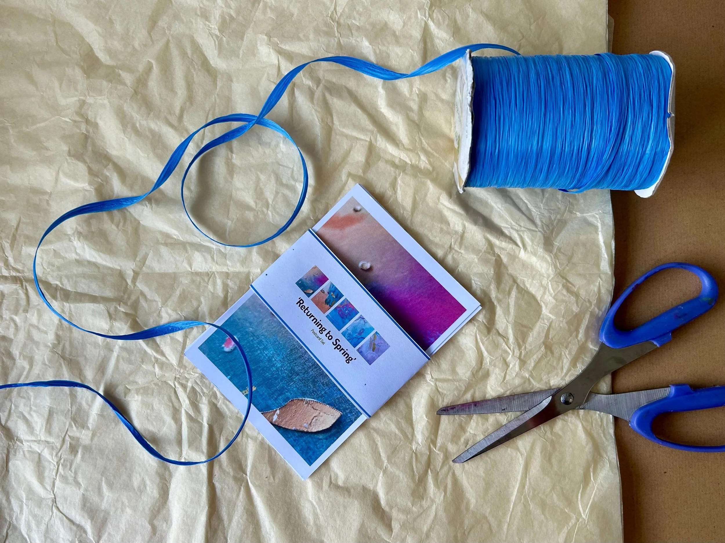 pack of 5 colourful art postcards in wrap on cream tissue paper with blue raffia and a pair of scissors ready to gift