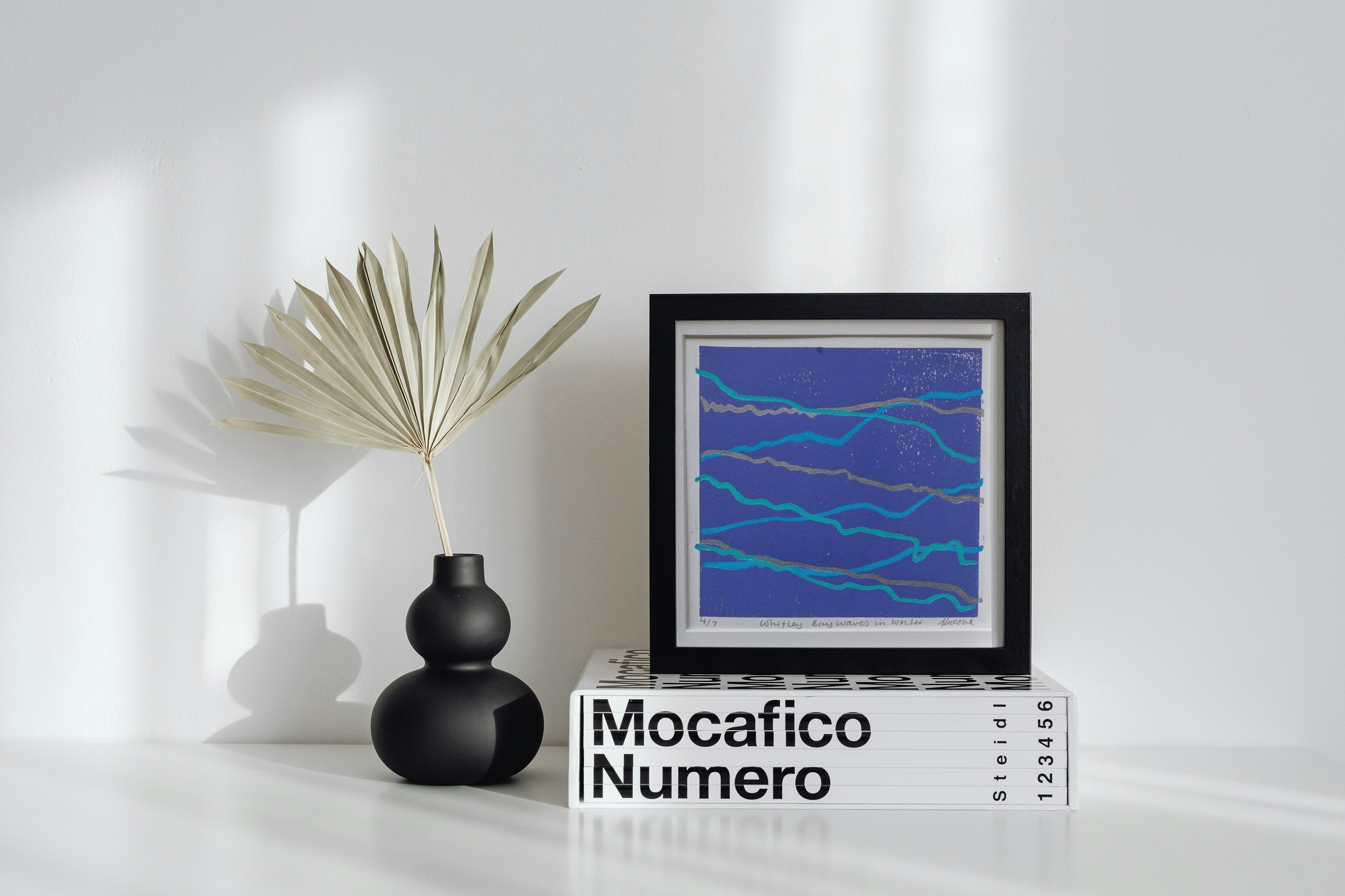 Hand Printed Abstract Lino Print of Whitley Bay Waves in Winter, Layered Artwork in Deep Lilac, Cornflower Blue, Mint Green and Silver