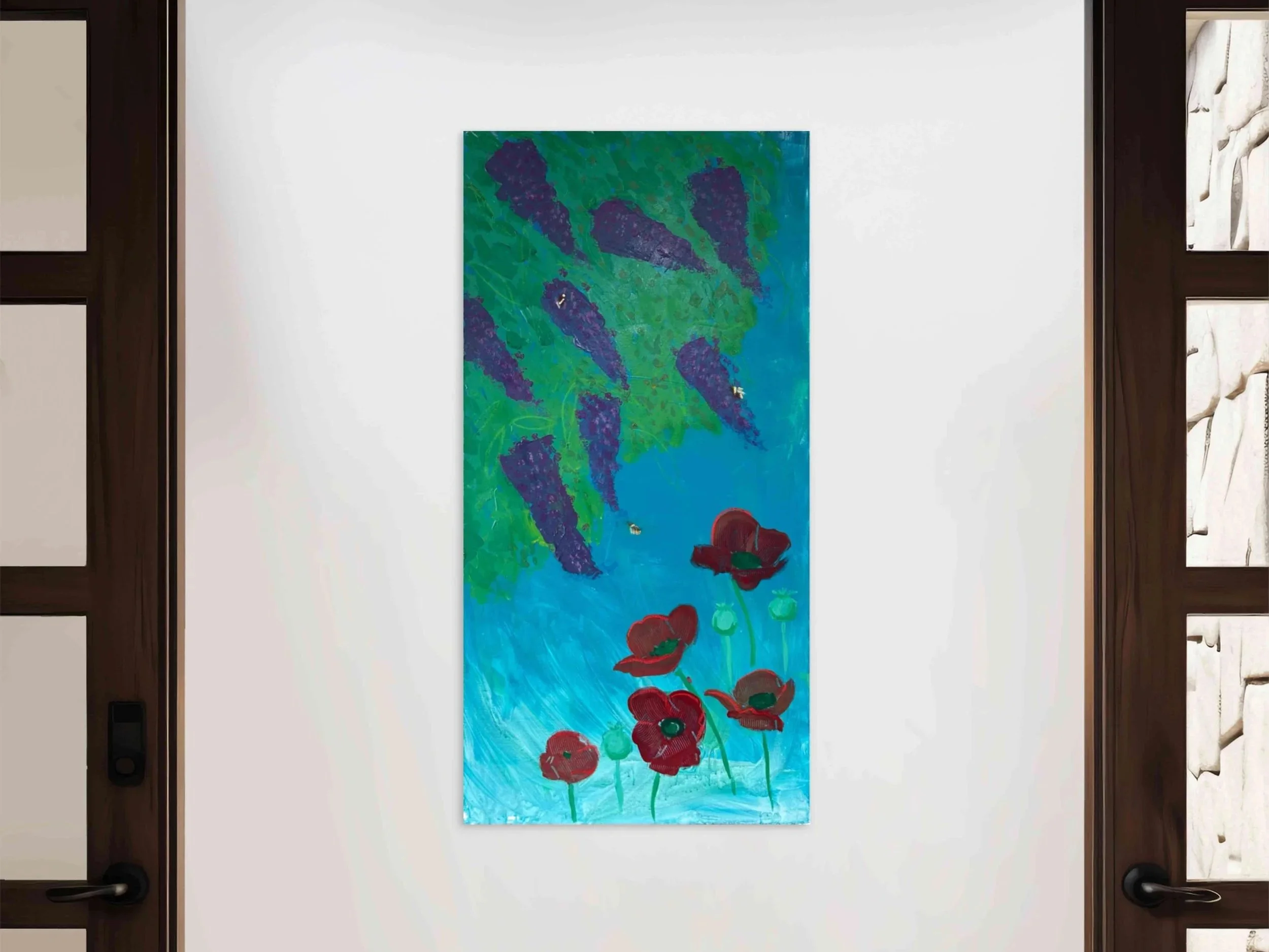 Purple Buddleia and Scarlet Poppies in 'A Scent on the Breeze' - Mixed Media acrylic, gold leaf, pastel, oil pastel and pen on canvas