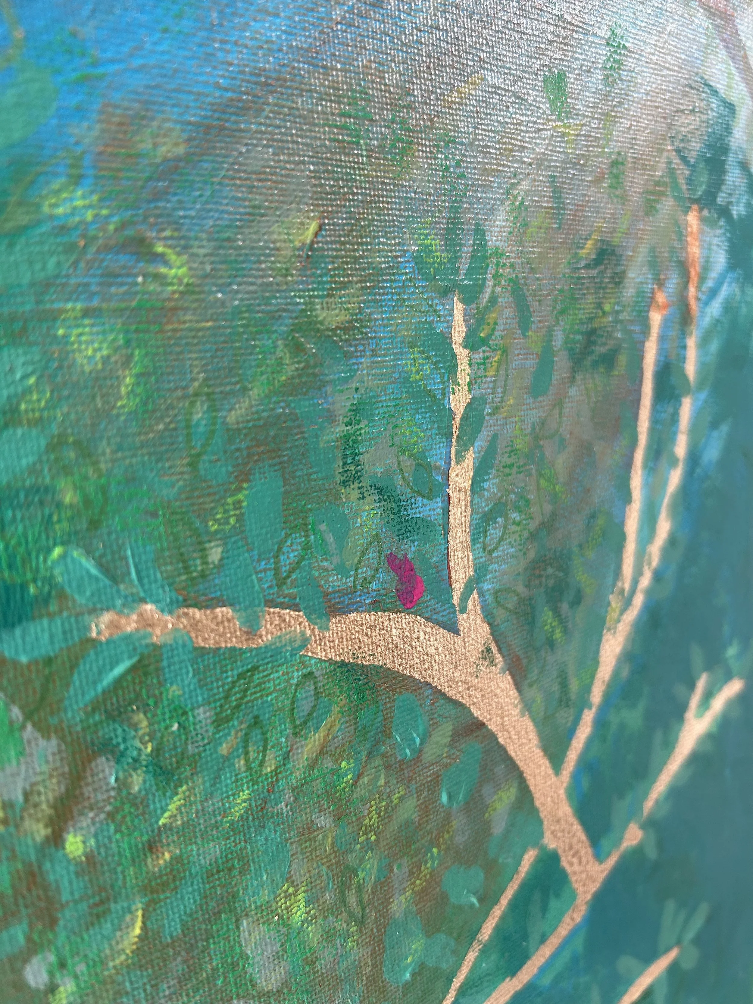 Close up angled surface detail of gold leaf tree with pink birds and sun breaking through the leaves.jpeg