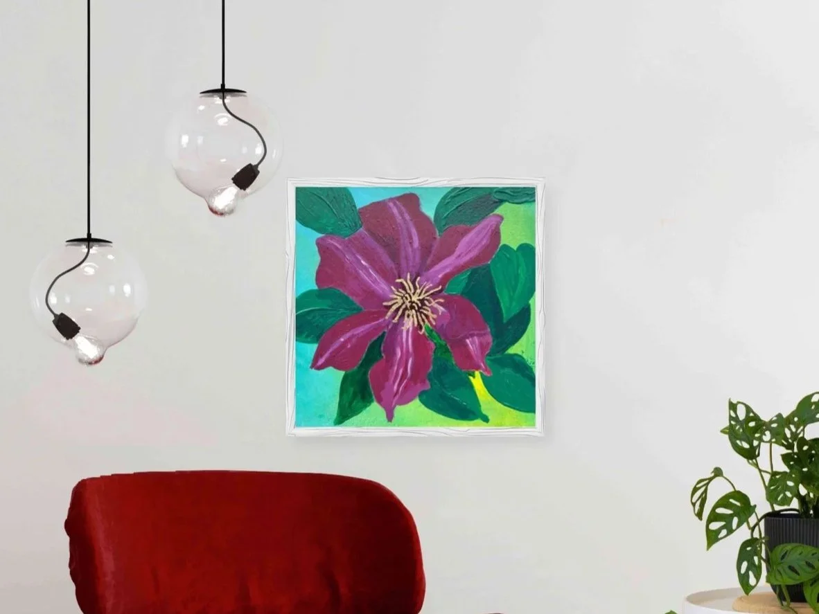 The Burgundy Beauty | Clematis Artwork | Paint on board with gold leaf study of clematis flower on ombre background