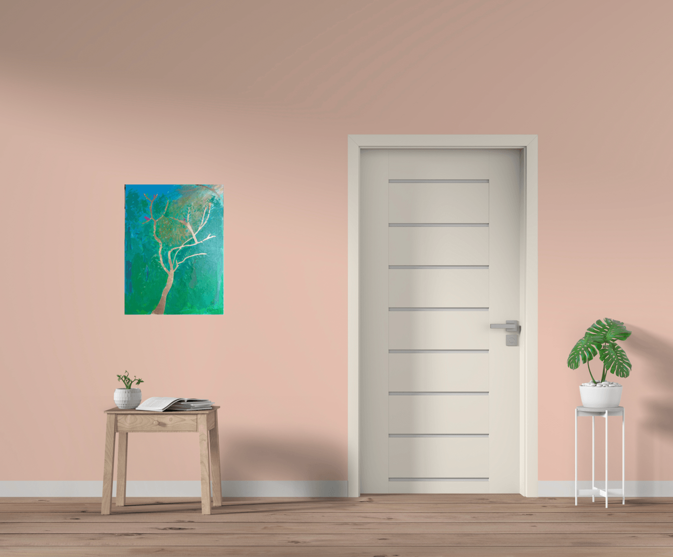 Tinified Look! Alice’s Tree Canvas on Soft Pink Wall Near White Doorway and Pot Plant on a Small Table.png