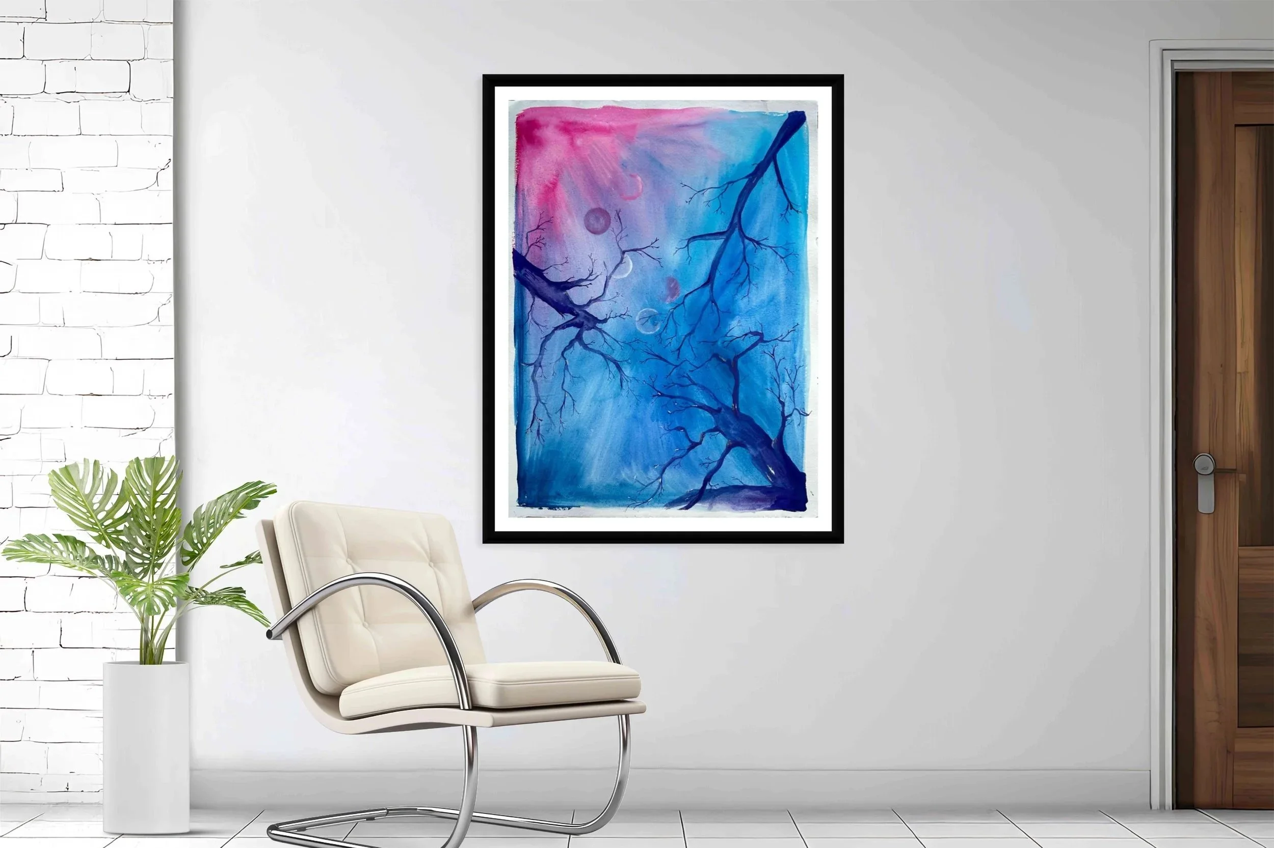 'Staring up at Trees' mixed media fantasy forest artwork in purples, pinks and blues