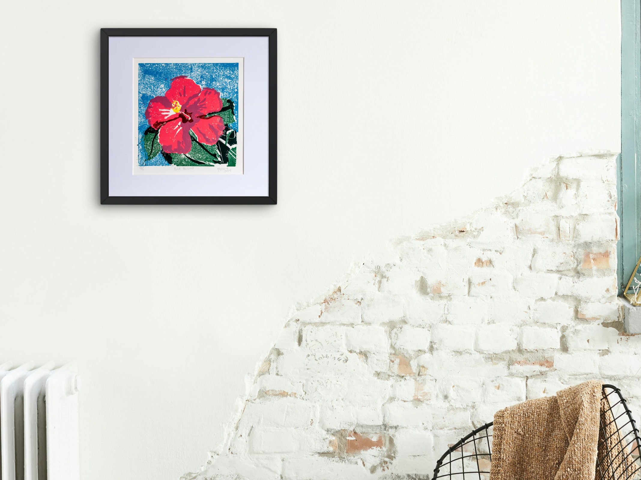 Hand Printed Limited Edition Hot Pink Tropical Hibiscus Flower Lino Print Wall Art with Vibrant Blue Background