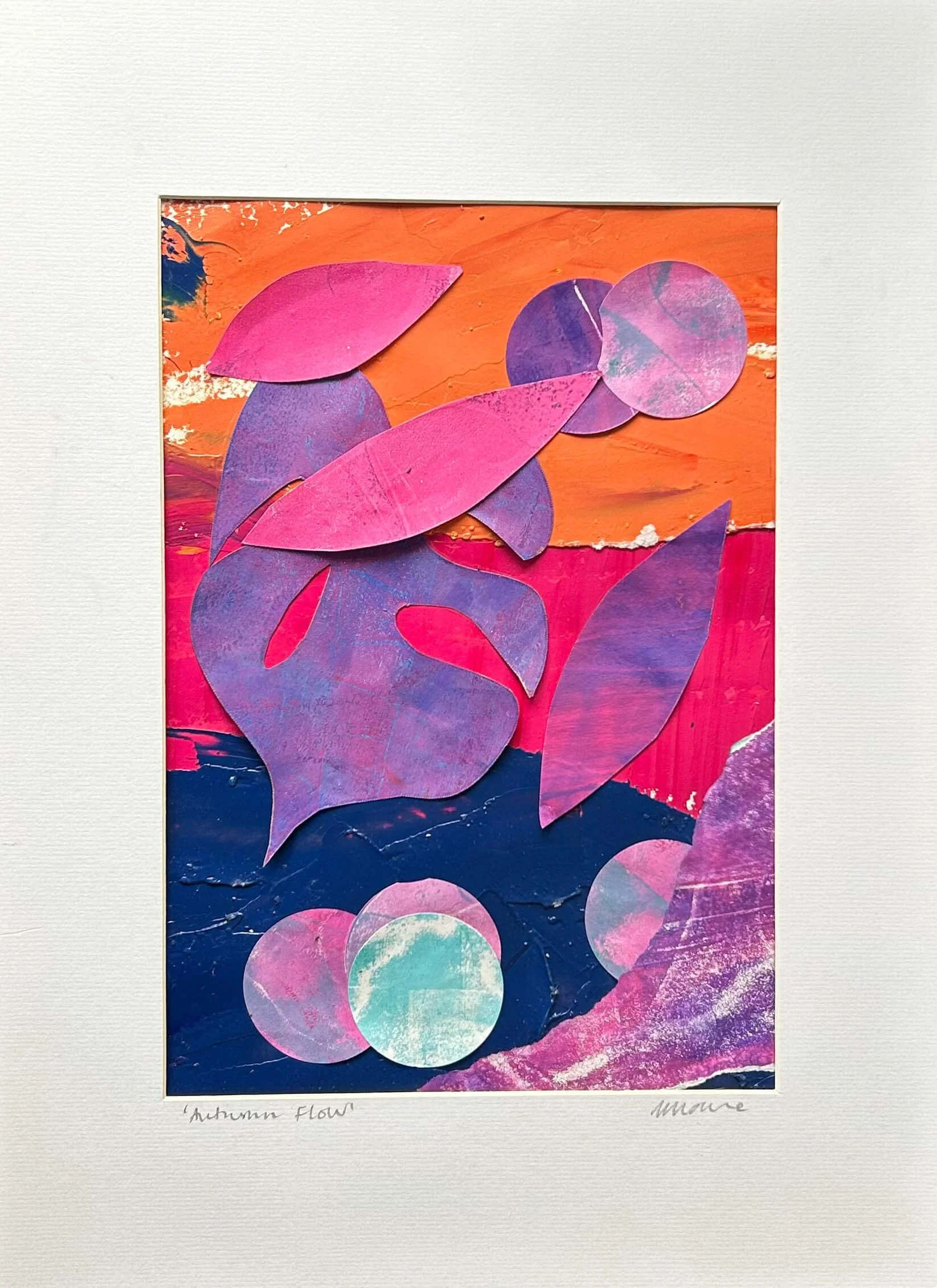 1Autumn Flow Collage Mounted Artwork celebrating the imagined colours of autumn in a fantasy world - one of a kind collage of hand printed papers in oranges, purples and blues