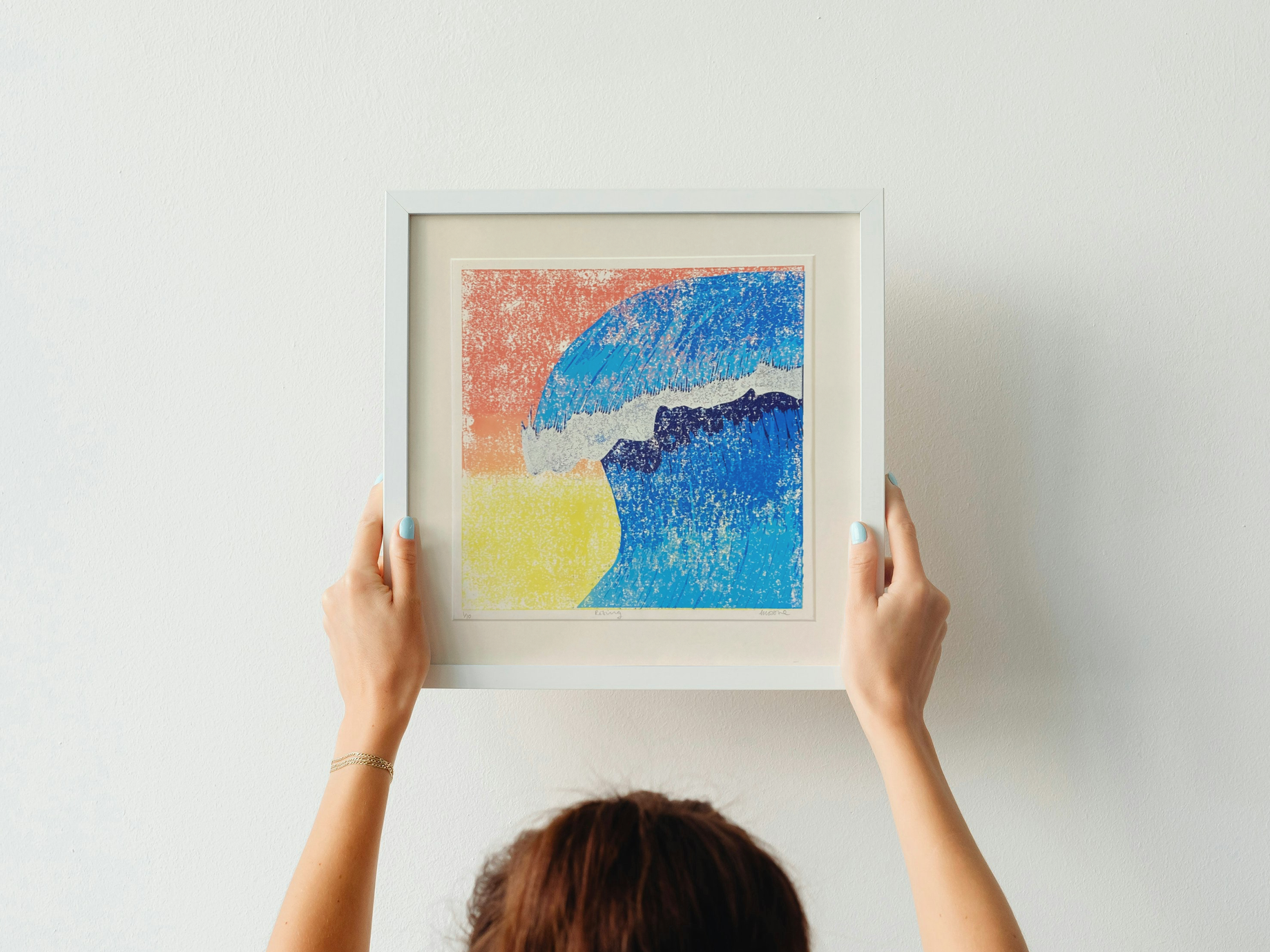 Hand Printed 'Rising' Tidal Wave Lino Reduction Print with Sunrise background