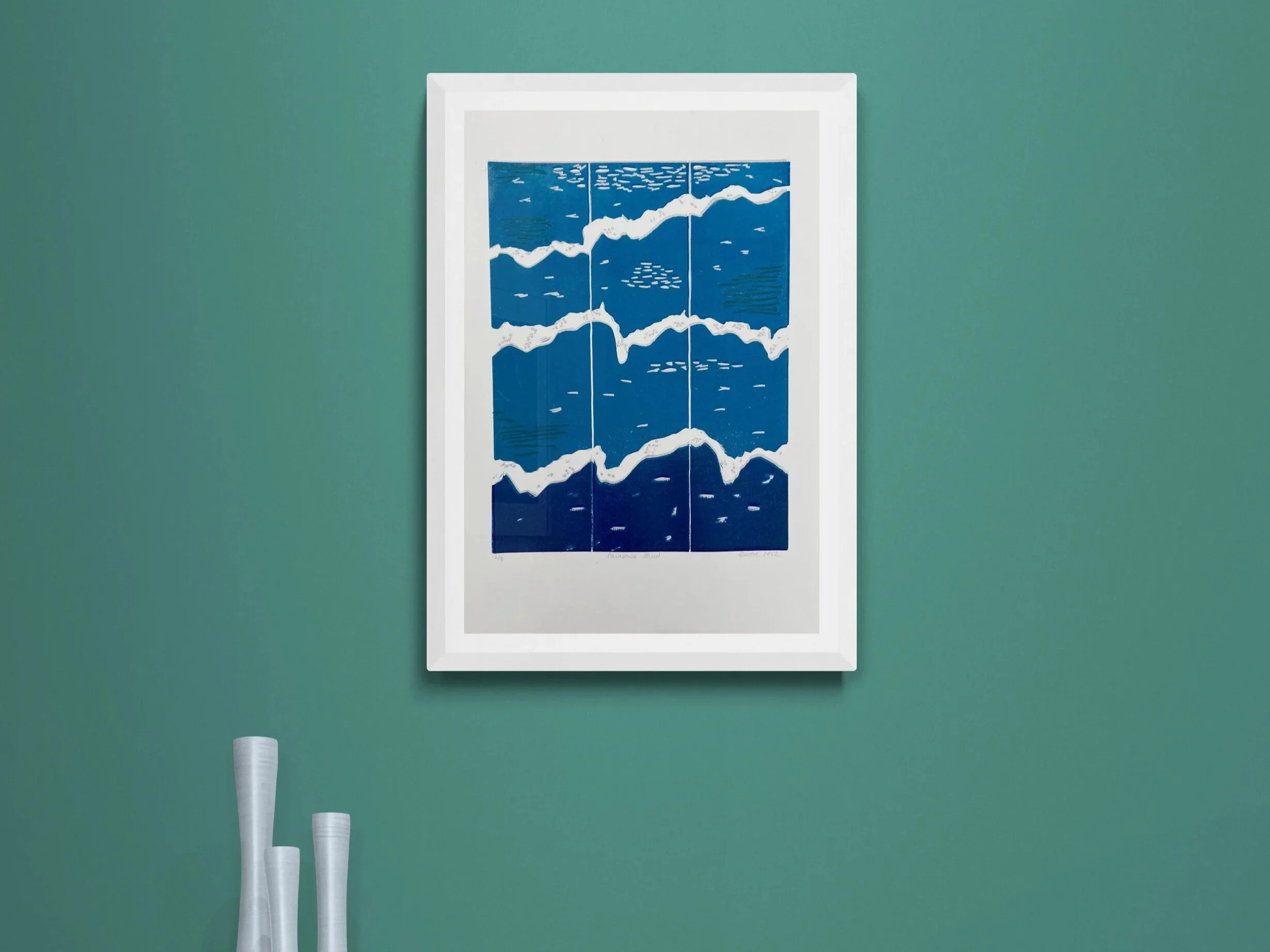 Hand Printed Large Textured Coastal Wall Art in Turquoise Blue Hues with Silver Details for Beach Lovers