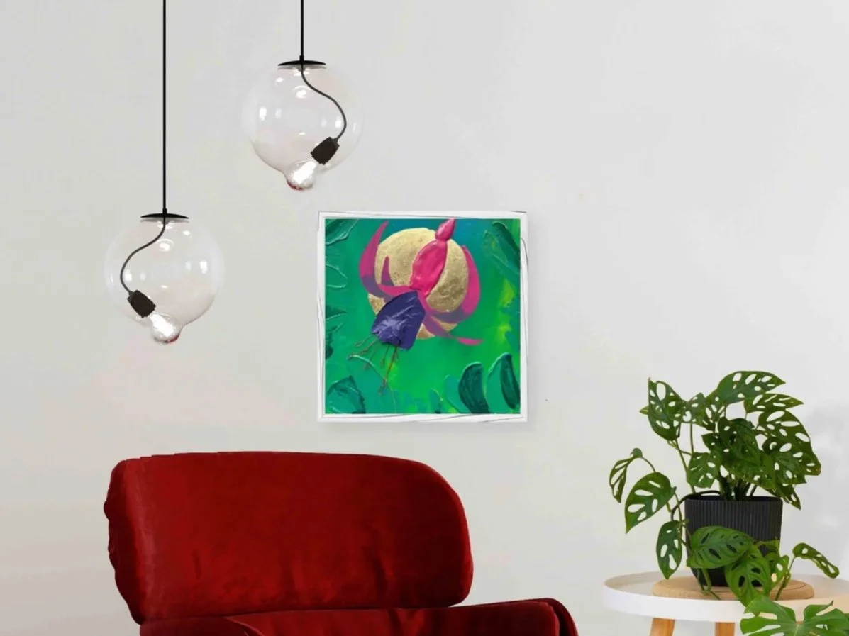 Dancing Fuchsia | Pink and Purple Fuchsia Artwork with 3D textures Against Green Leaves | acrylic, tissue, wire, gold leaf on board