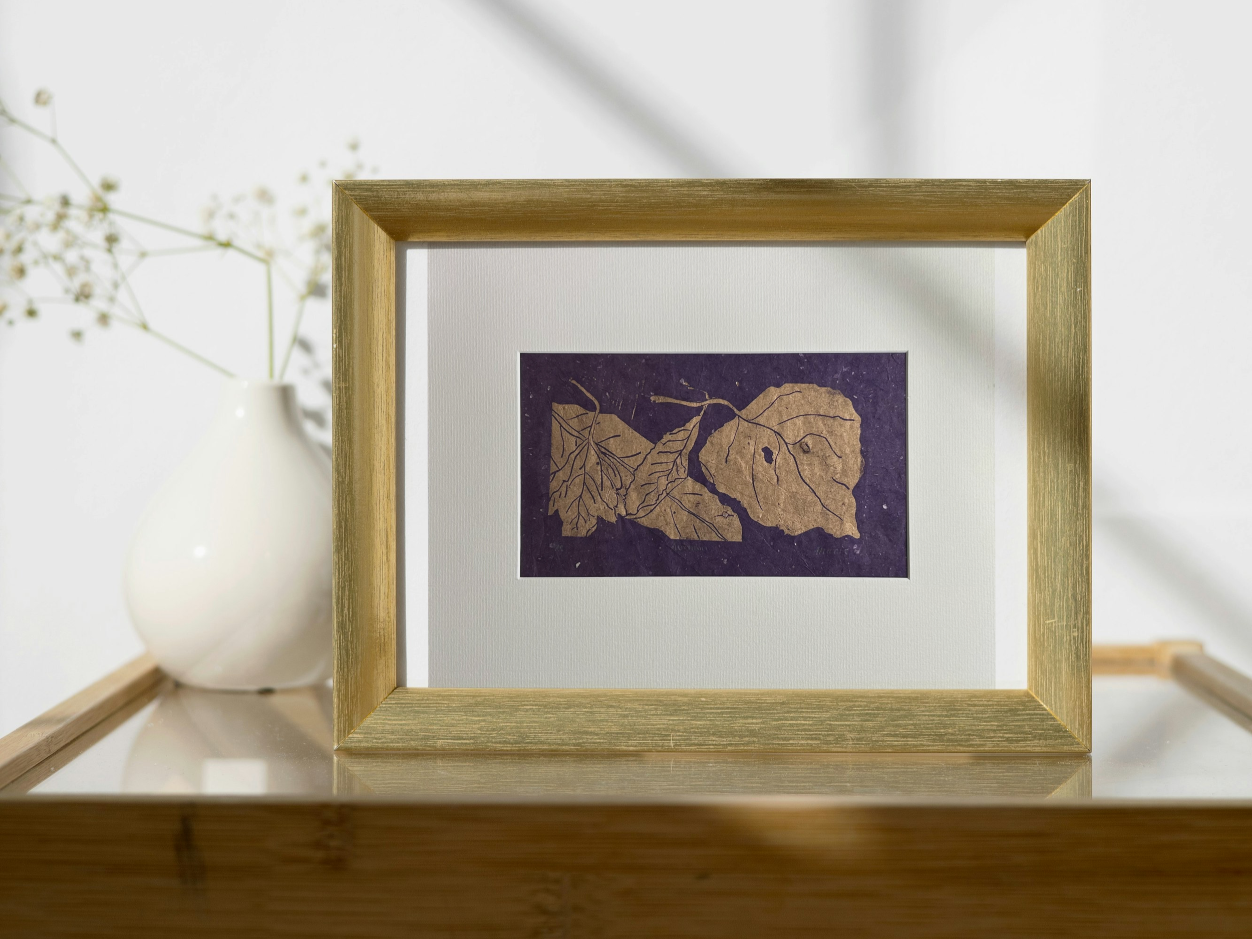 Autumn Hand Printed Leaves Original in Copper Ink on Textured Purple Paper with Silver Foil Flecks