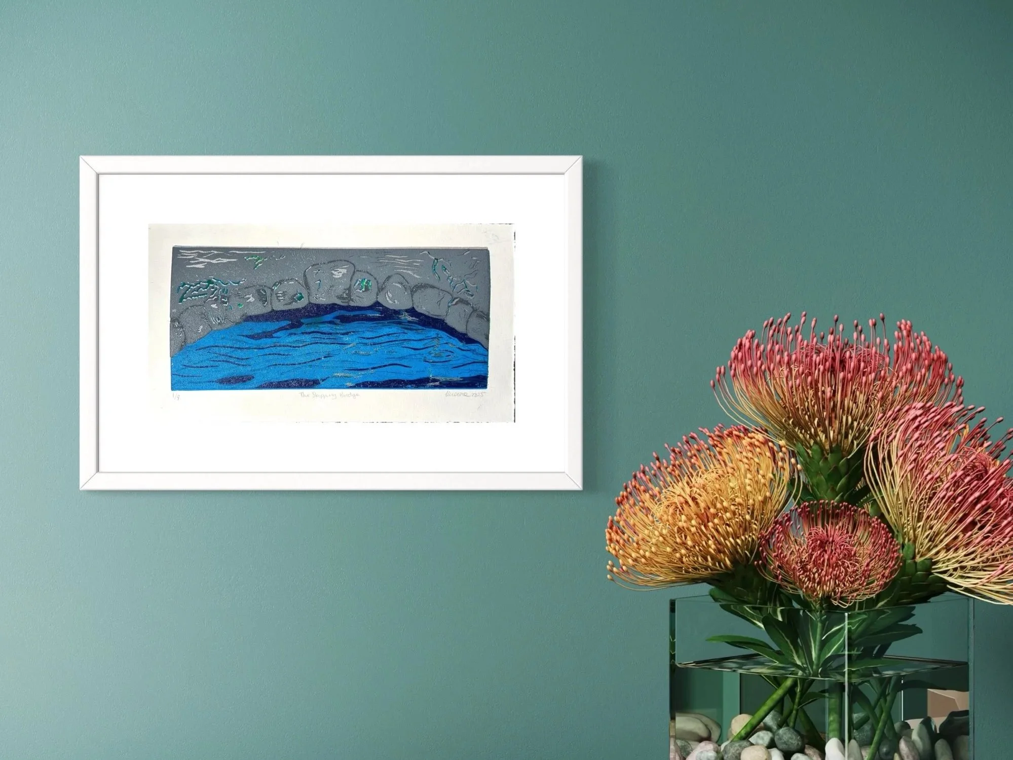 The Skipping Bridge limited edition original Lino reduction print inspired by nostalgic walks in the Lake District