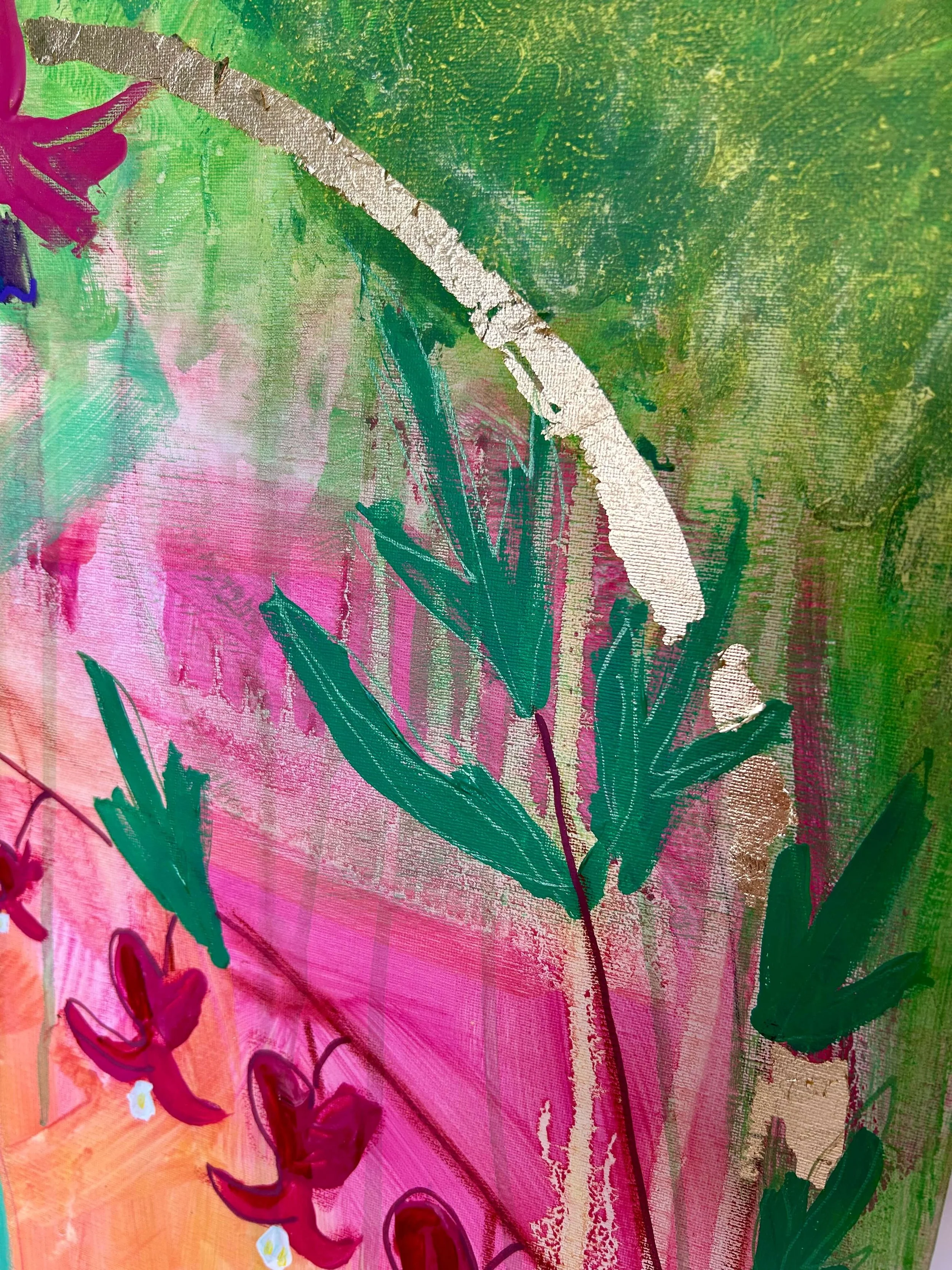 Close up of Dicentra details and golf leaf on garden inspired mixed media artwork by Heather Moore.jpeg