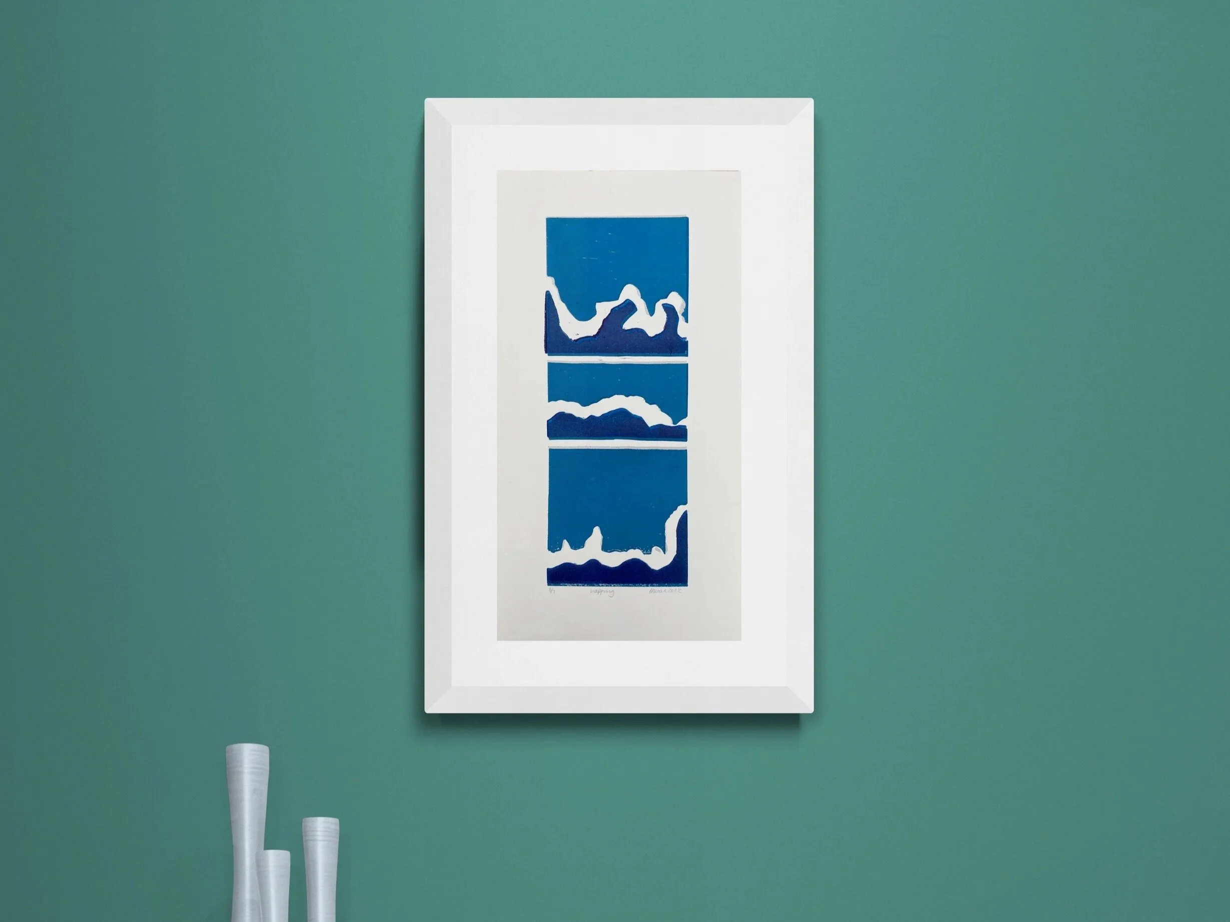 Hand Printed Long Three Wave Coastal Art For Blue and Green Beach House Decor By UK Artist