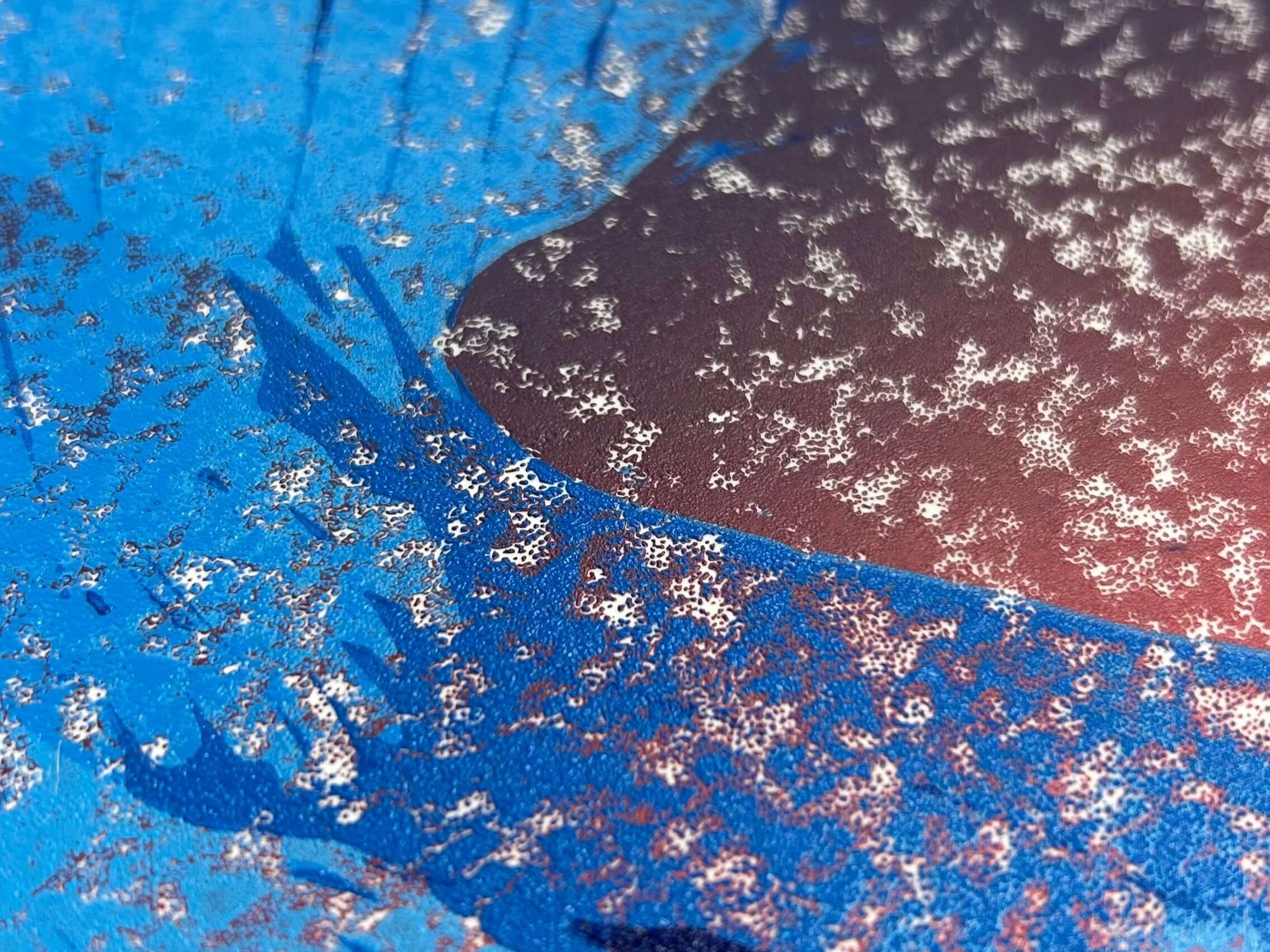 Blue and Purple close up of Stormy linocut reduction print
