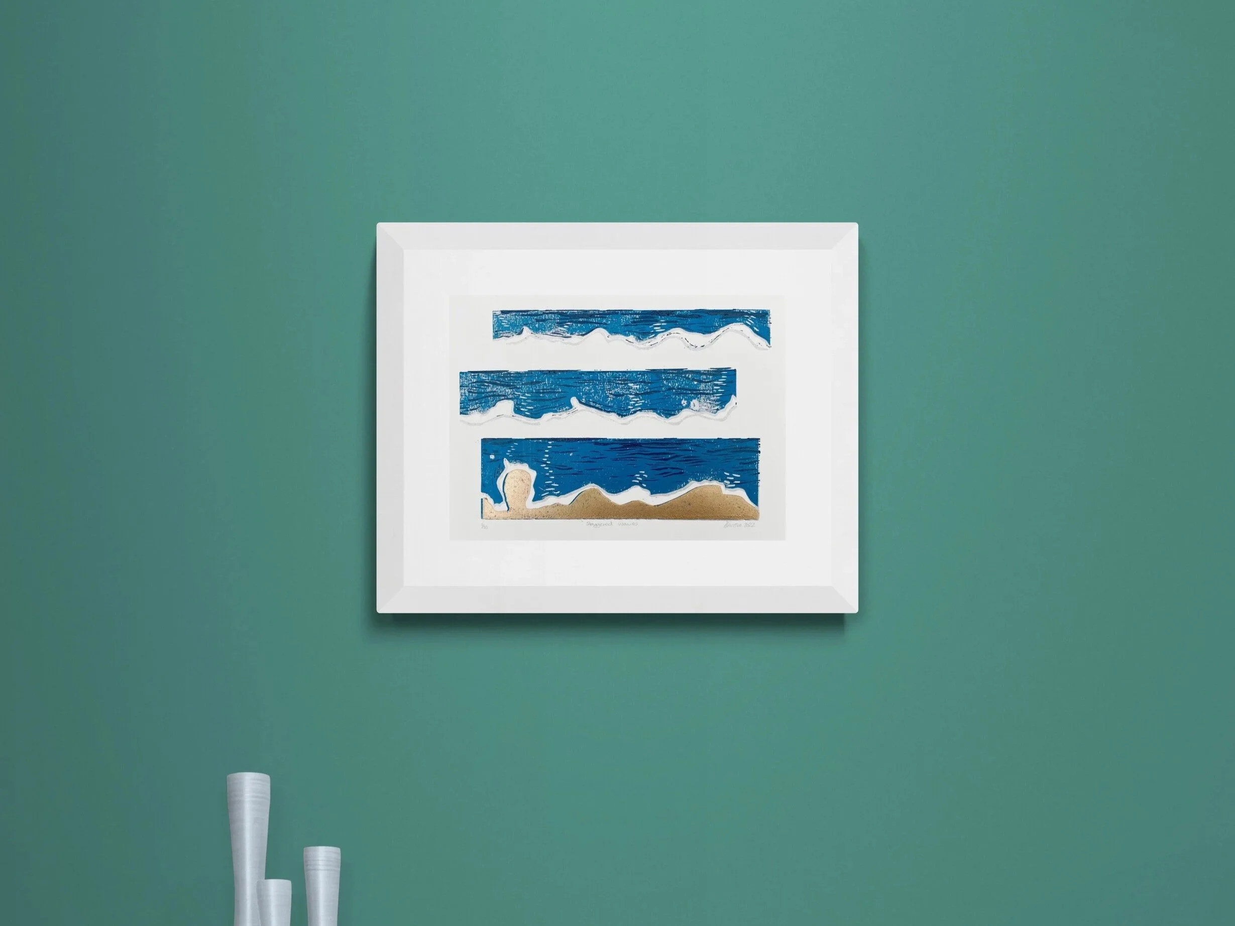 Hand Printed Large Quirky Seaside Wave Art with Textured Gold Sand and Abstract Fluid Water in 3 Sections