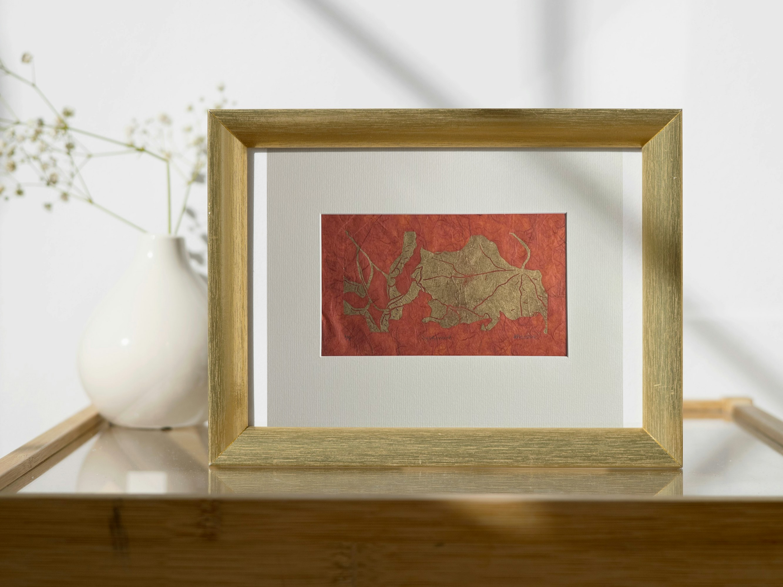 Sycamore Hand Printed Leaves and Helicopter Seeds Original in Copper Ink on Textured Burnt Orange Paper