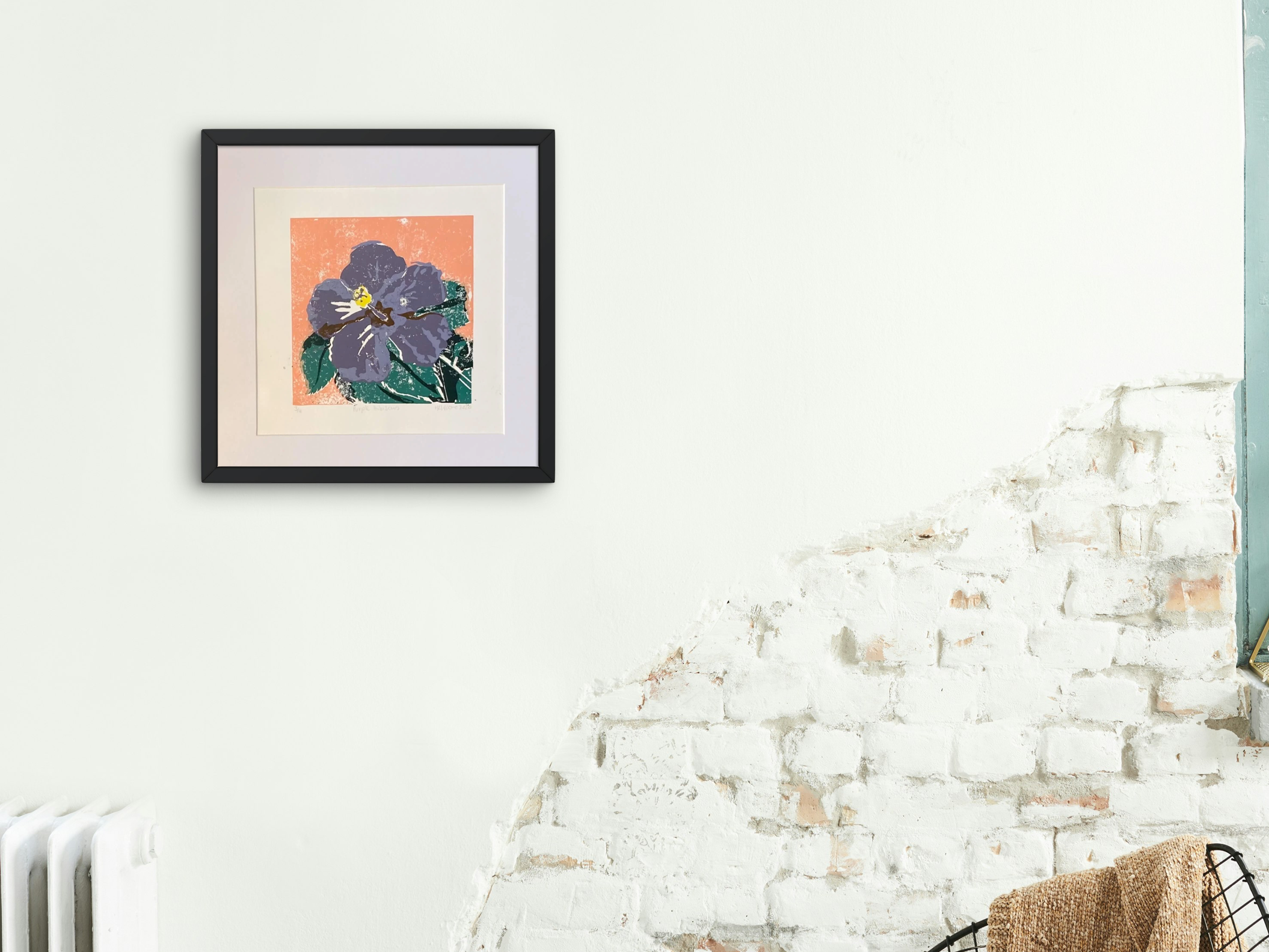 Hand Printed Limited Edition Soft Purple Tropical Hibiscus Flower Lino Print Wall Art with Zesty Orange Background