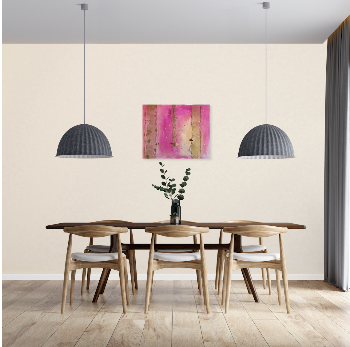 'Golden Hour Among The Trees' Mixed Media Artwork on Board, Pink and Yellow skies with golden wire tree trunk lines