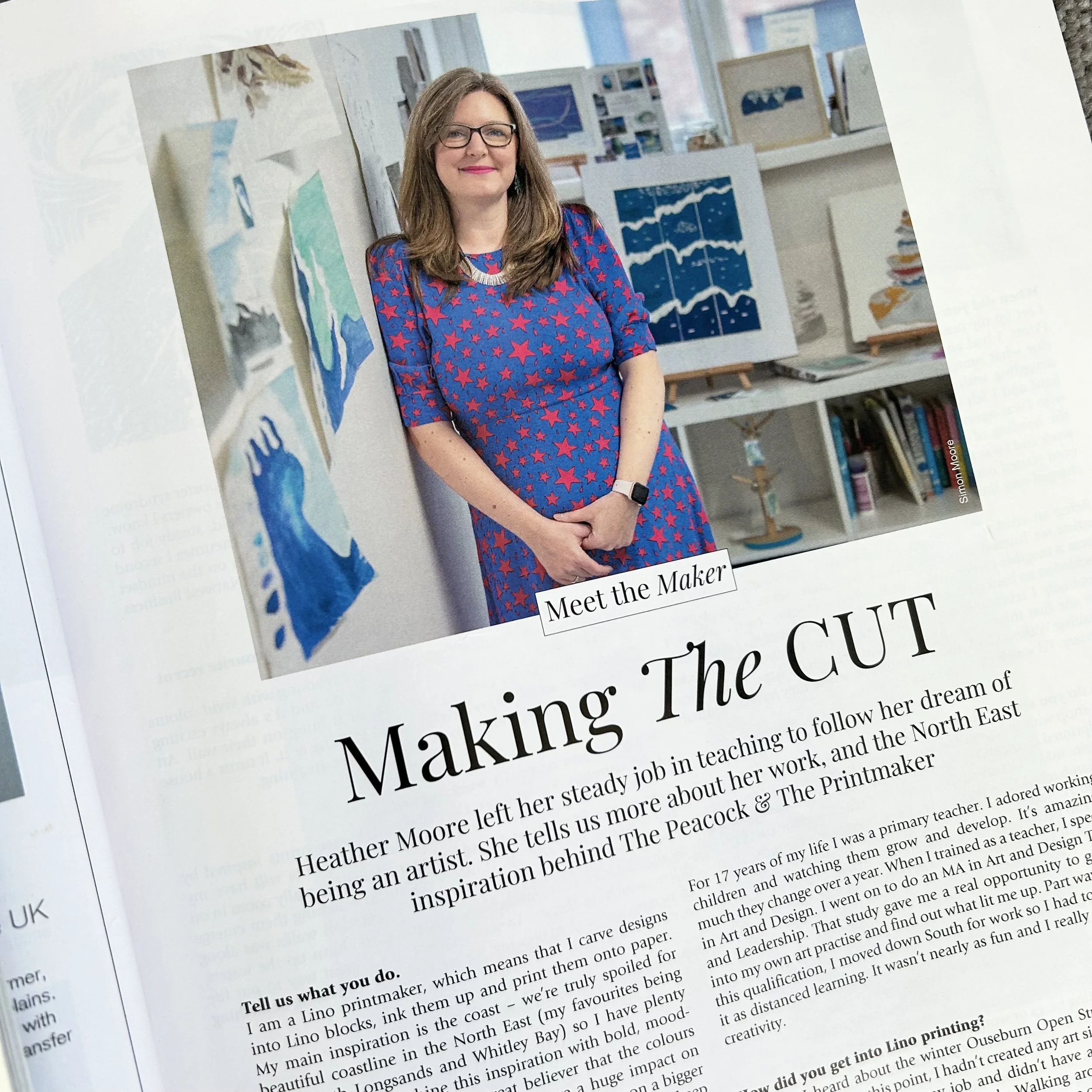 Magazine spread from living north magazine. The title reads 'Making the cut' and the photo features Heather Moore in her studio.