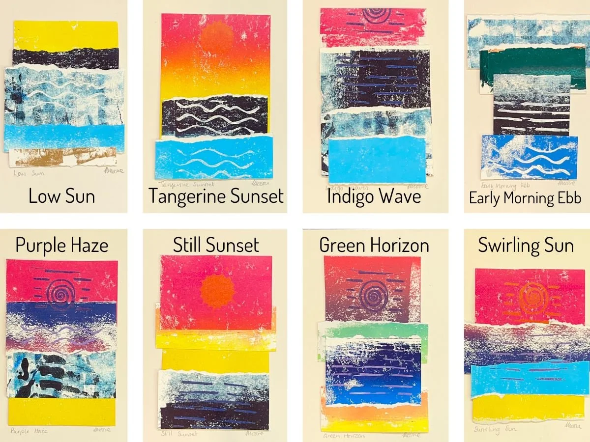 Name image of each of the mixed media collage linocuts