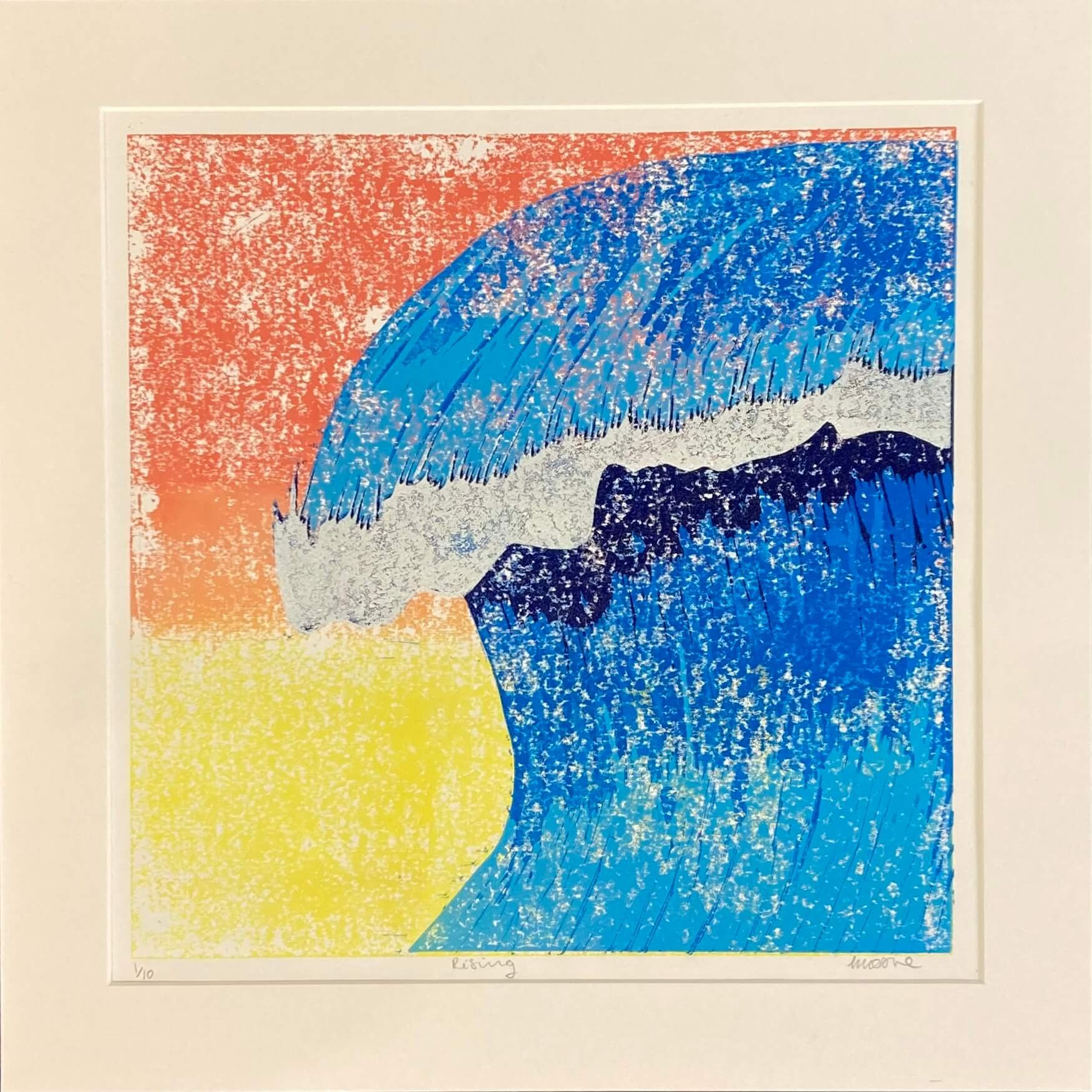 Abstract artwork featuring blue, gray, yellow, and orange colors with textured patterns.