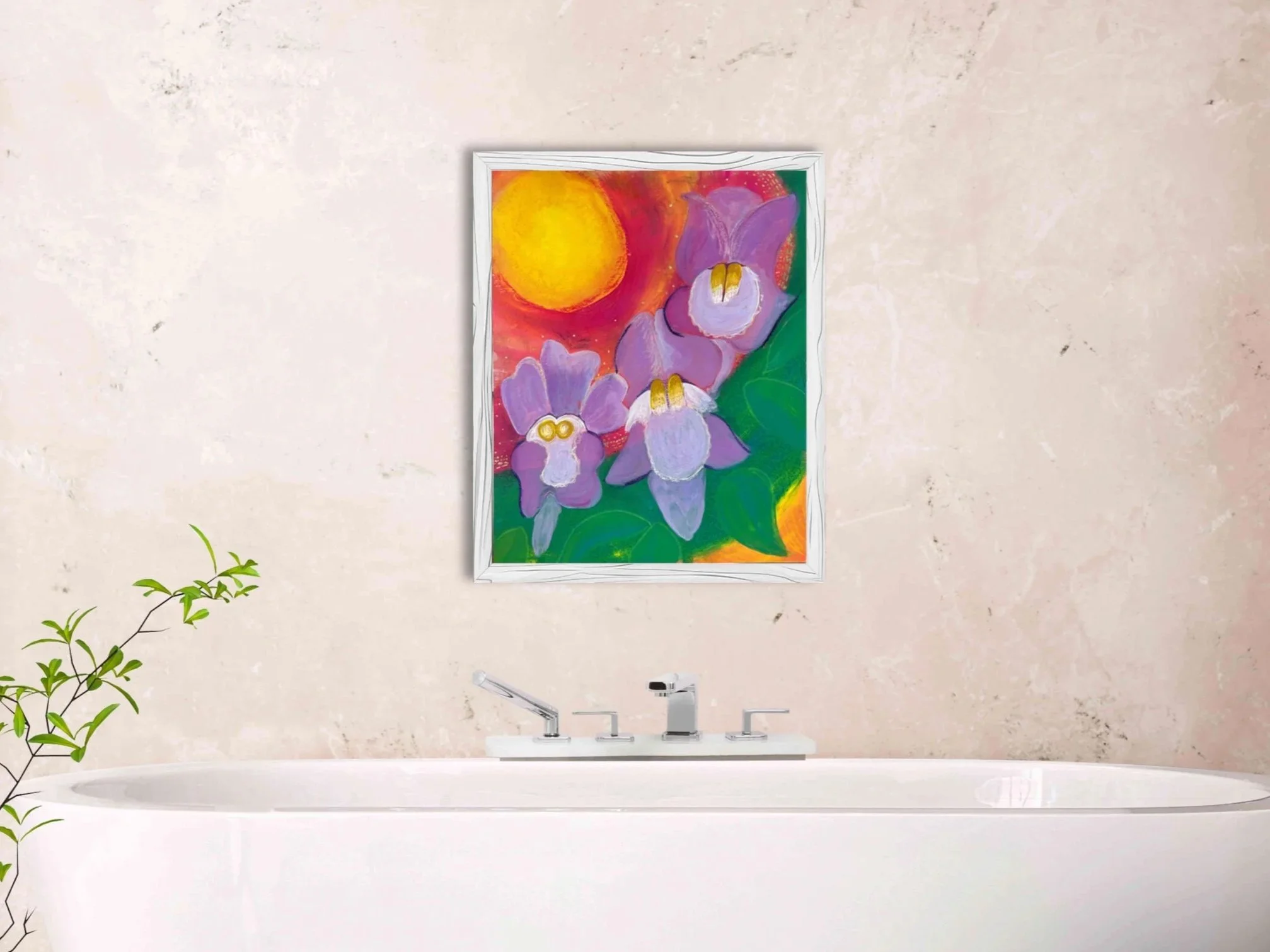 Snap, Dragon! | Lilac, Orange, Pink and Green Snap Dragon Artwork with Yellow | Mixed Media on Board acrylic, gold leaf, pastel, oil pastel, pen on board