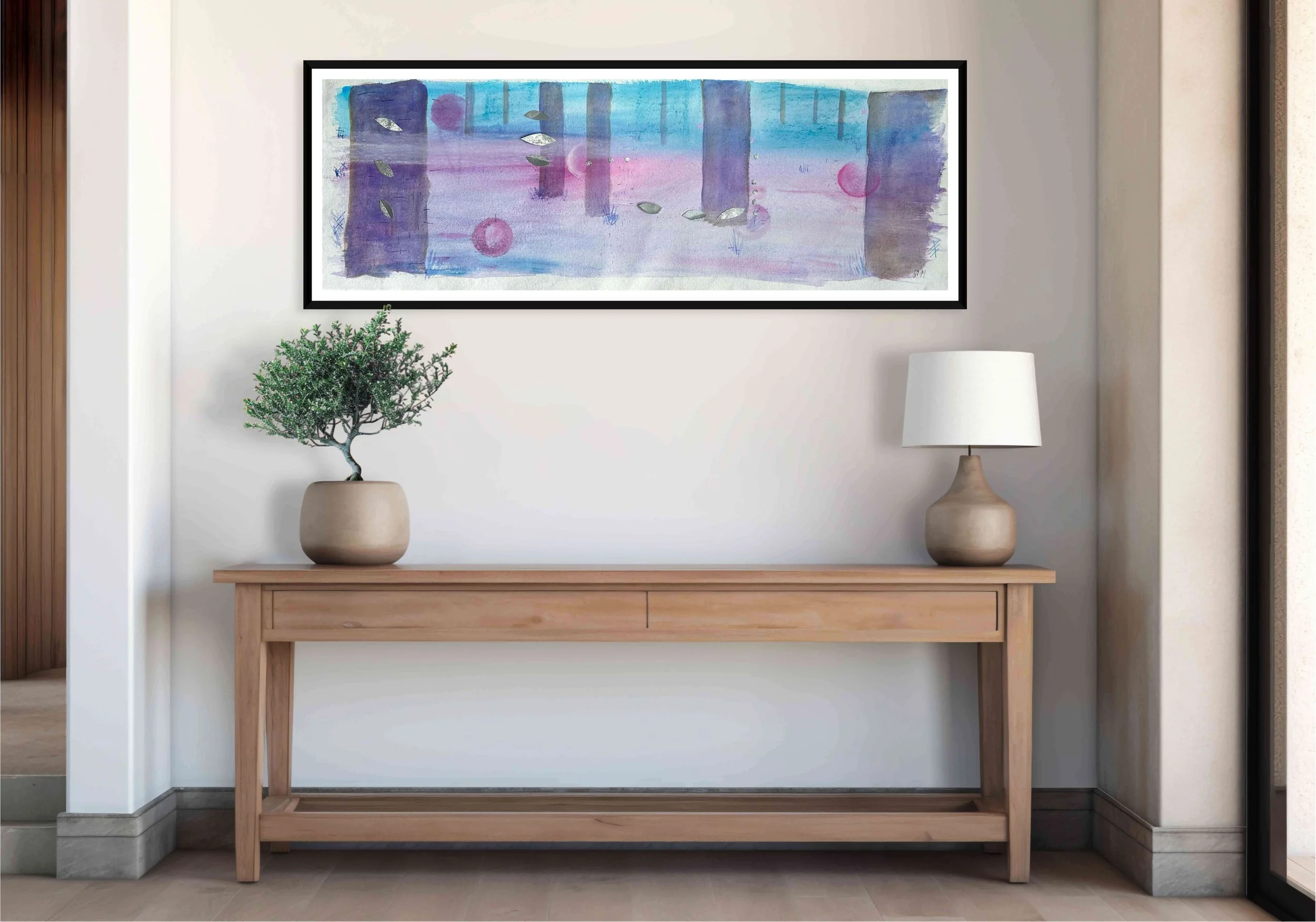 Dusk woodland artwork in hallway in natural tones.jpg
