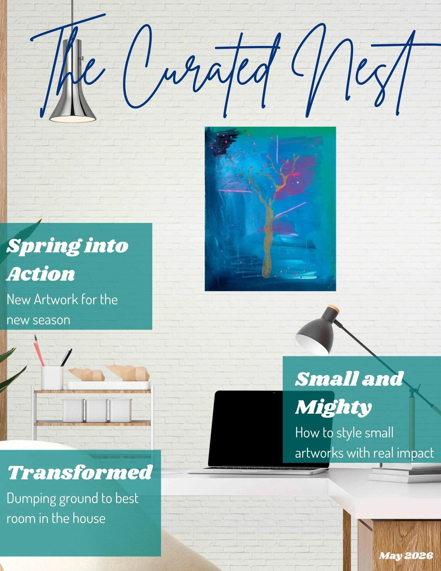 magazine cover featuring a neutral office with a vibrant mixed media tree artwork on the wall