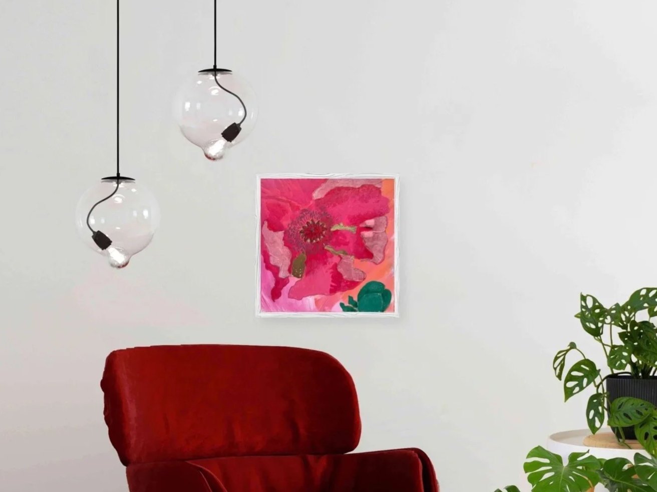 Poppy and Bud | Poppy Flower in Blush Red and Bud Seed Pod in Varied Blended Greens in Mixed Media on Board | acrylic, tissue, gold leaf