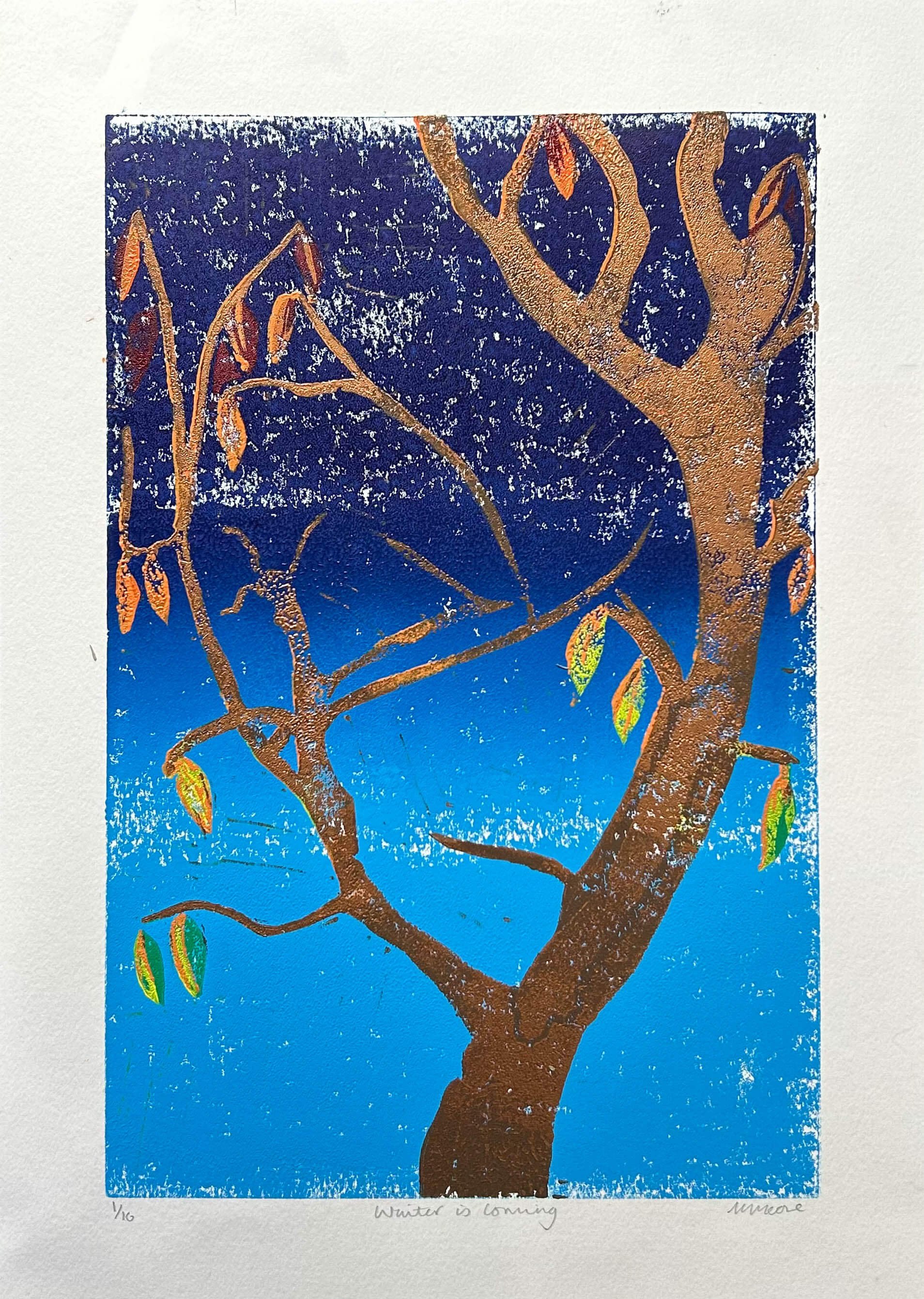 Limited edition linocut of the end of autumn when just a few leaves are left on the cherry tree - copper trunk against an ombre blue sky with leaves in green, yellow, orange and red