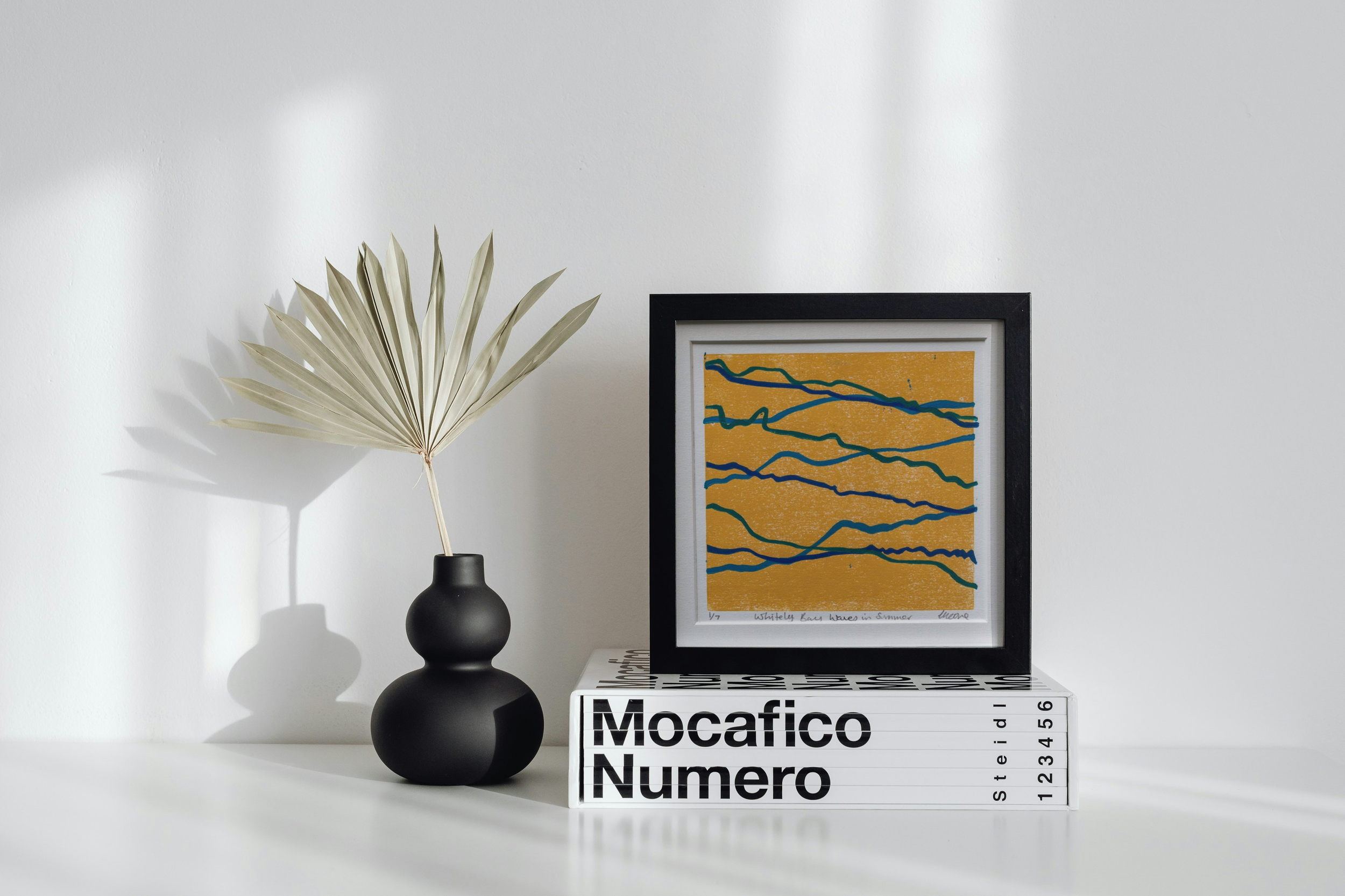 Hand Printed Whitley Bay Waves in Summer, Abstract 8x8 Inch Limited Edition Lino Print in Ochre, Royal Blue, Powder Blue and Light Teal