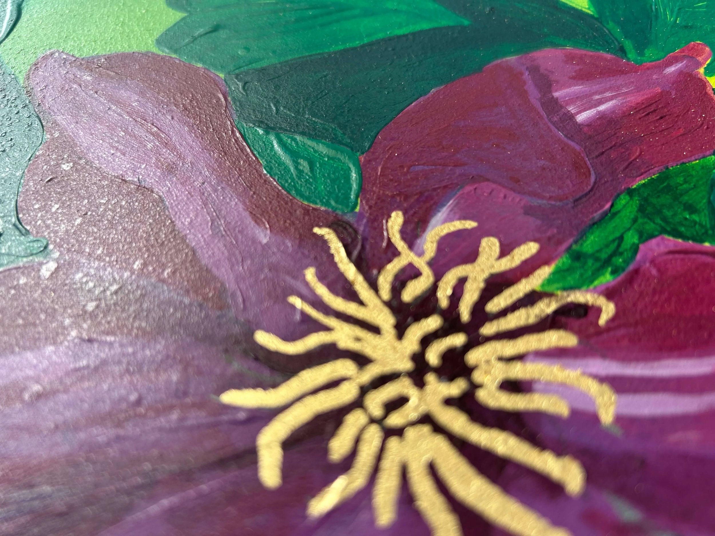 Close up detail of gold leaf stamen on clematis painting