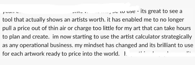 A blurry close-up of a printed or handwritten text on paper. The text discusses tools and strategies for artists, including pricing artwork and using an artist calculator.