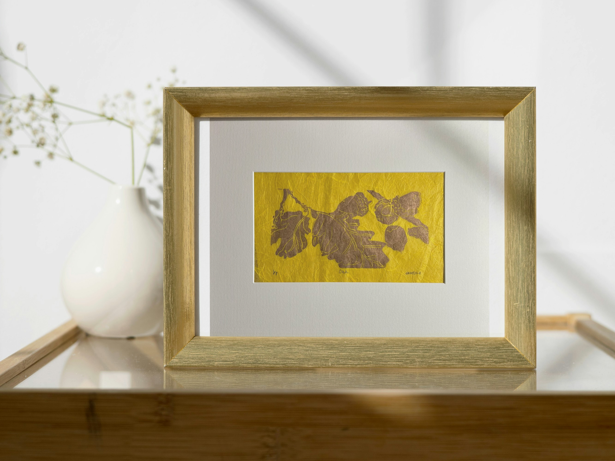 Oak Hand Printed Leaves Original in Gold Ink on Textured Yellow Paper