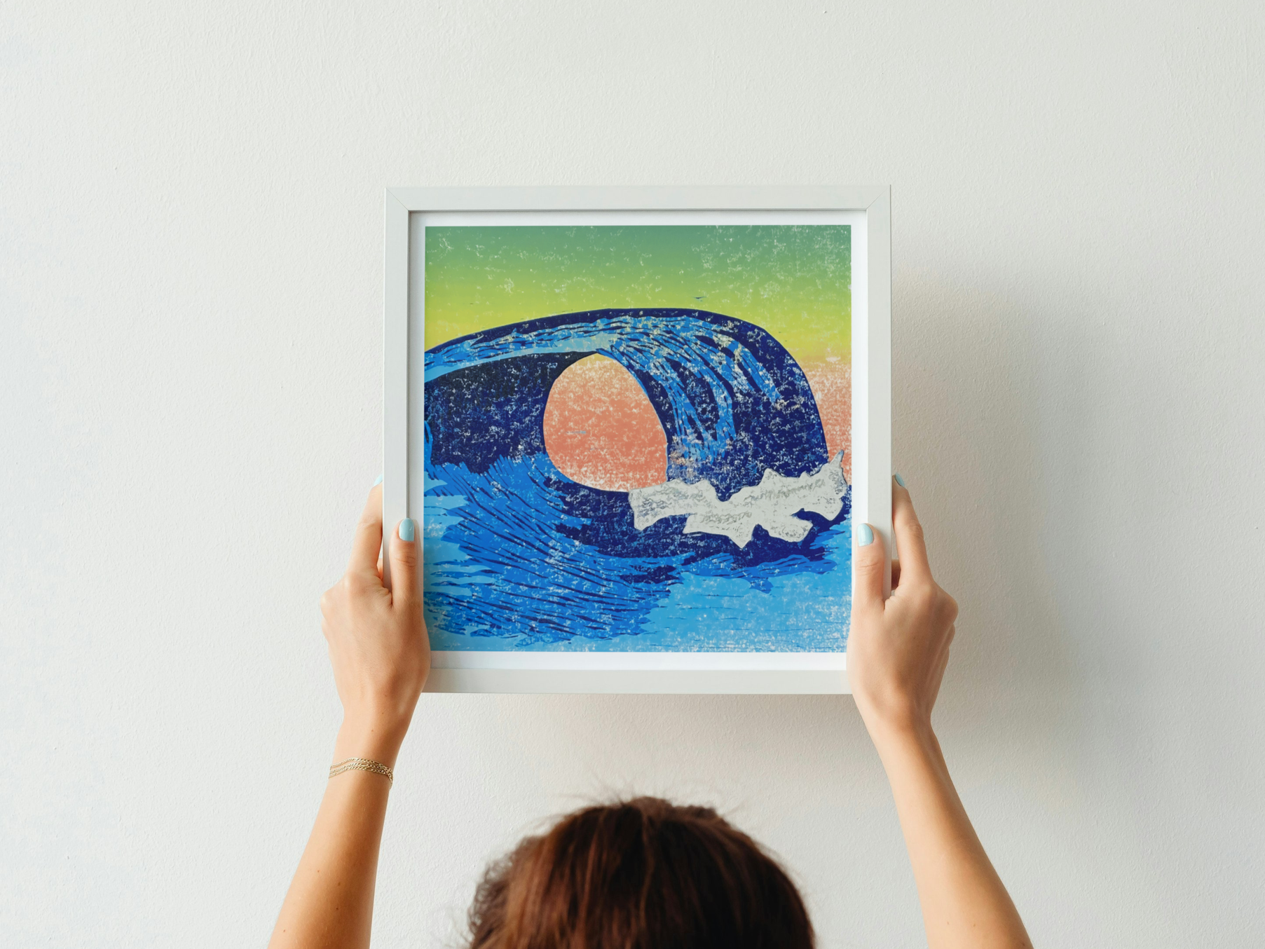 Hand Printed ‘Tumbling’ Lino Reduction Print of a Vivid Blue Wave Crashing in the Sunrise, Inspired by The Beadnell Coast