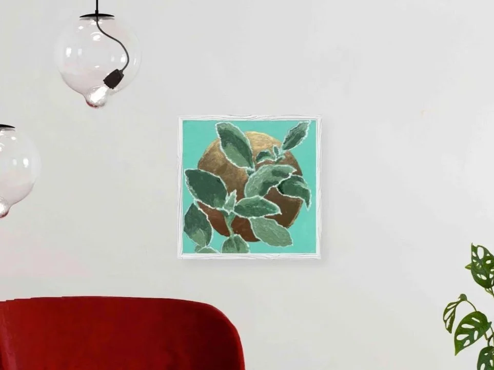 Listening Ears | Lamb's Ear Small Artwork on Board in Soft Greens with Gold Leaf | Acrylic Painting