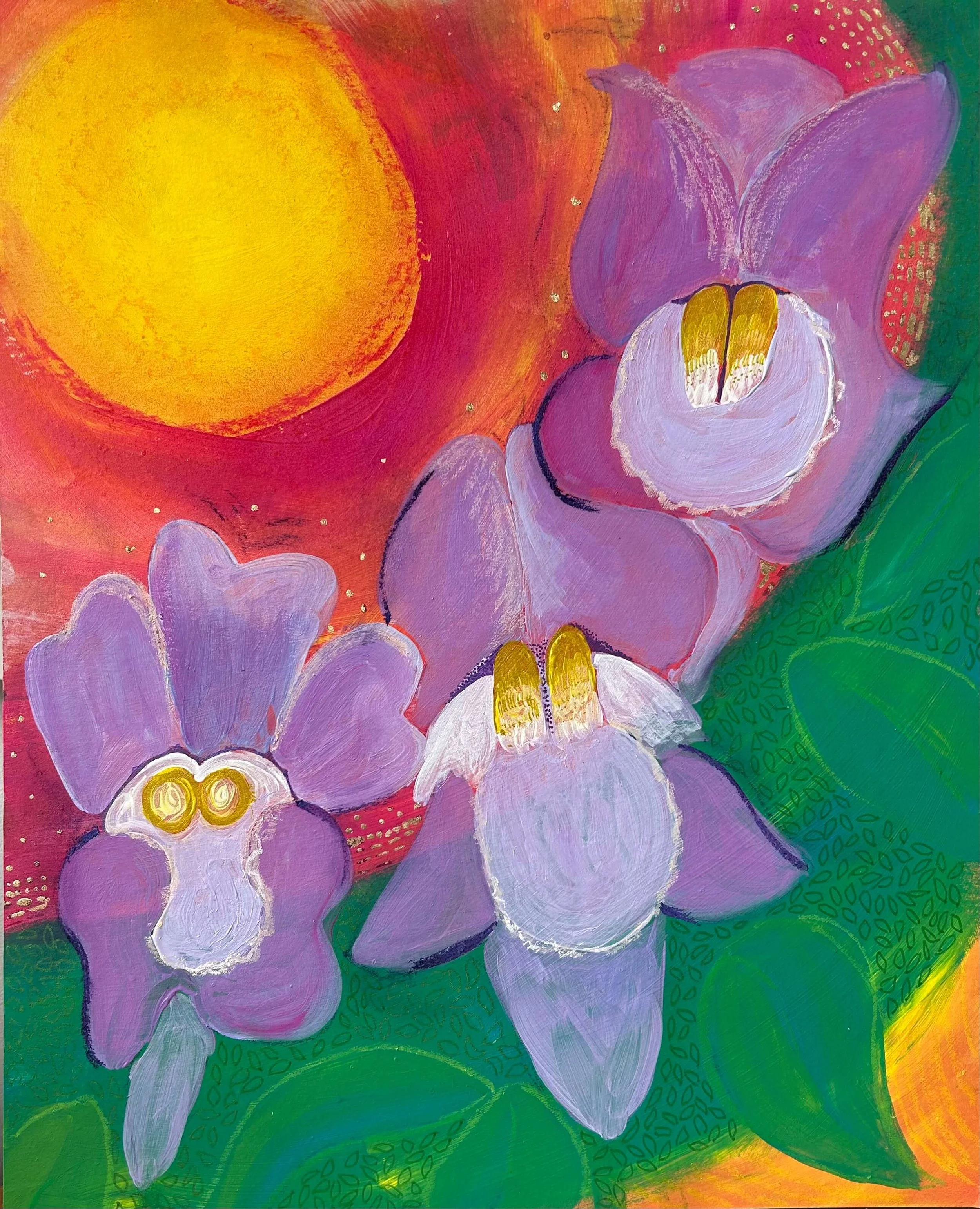 Snap, Dragon! Purple Flowers Against Sunshine and Greenery Mixed Media Oirignal Artwork by Hearher Moore Fine Art.jpeg