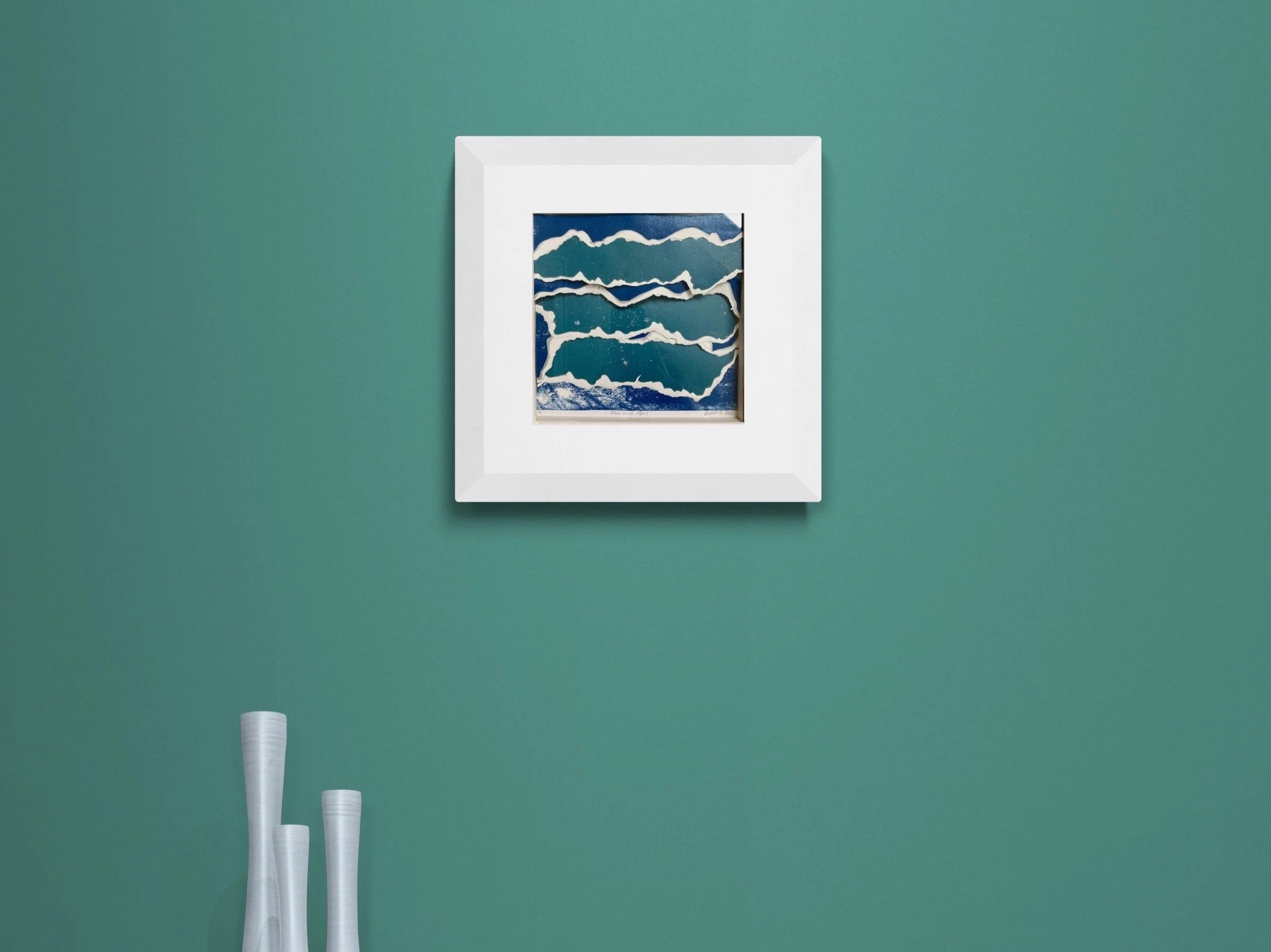 One of a Kind 3D Framed Textured Coastal Collage Wall Art with Wave Effect in Deep Blue, White and Sea Green