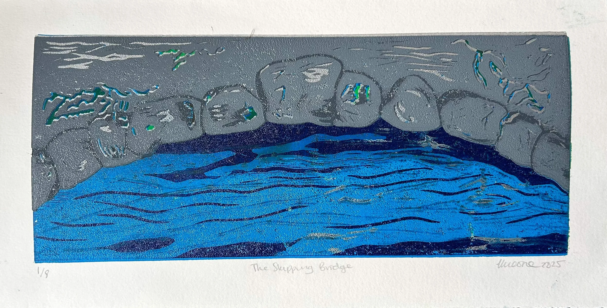The Skipping Bridge - a lino reduction print of a silver grey stone bridge over a rippling blue river