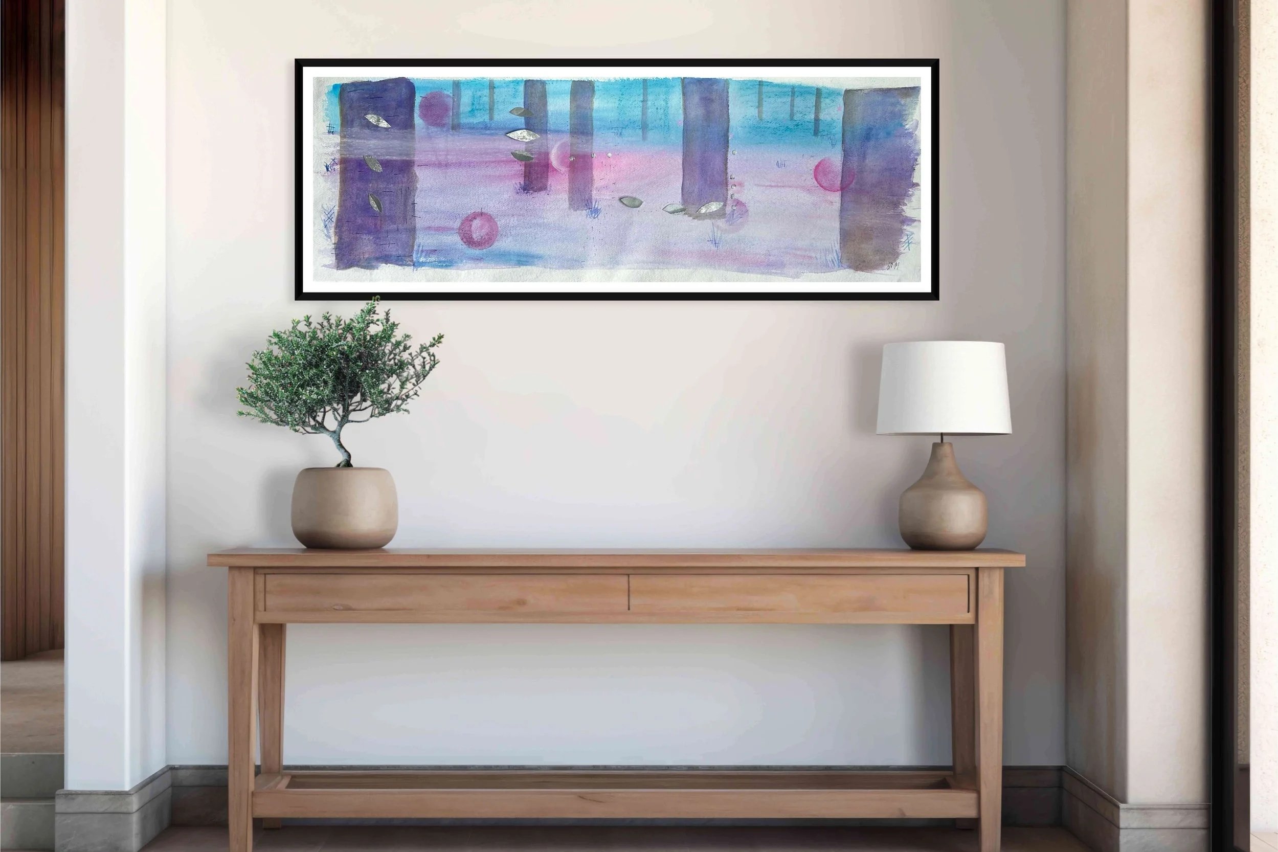 'Dusk' mixed media woodland original artwork in pale lilacs and pinks